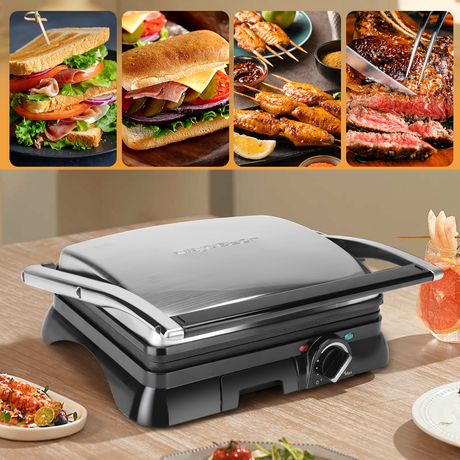 Ein Sandwich, ein Sub, Chicken Wings und ein Steak sowie ein Grill.
