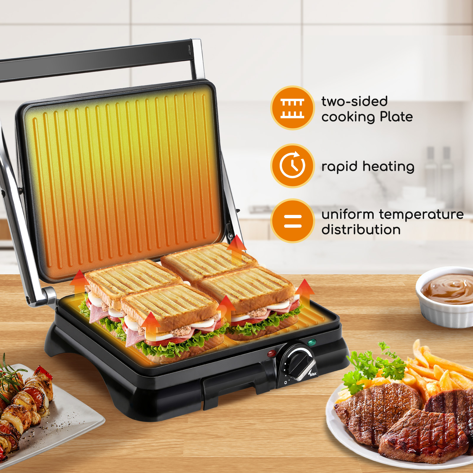 Ein Sandwichgrill mit Sandwiches, Pommes und Soße, mit Text zur Beschreibung.