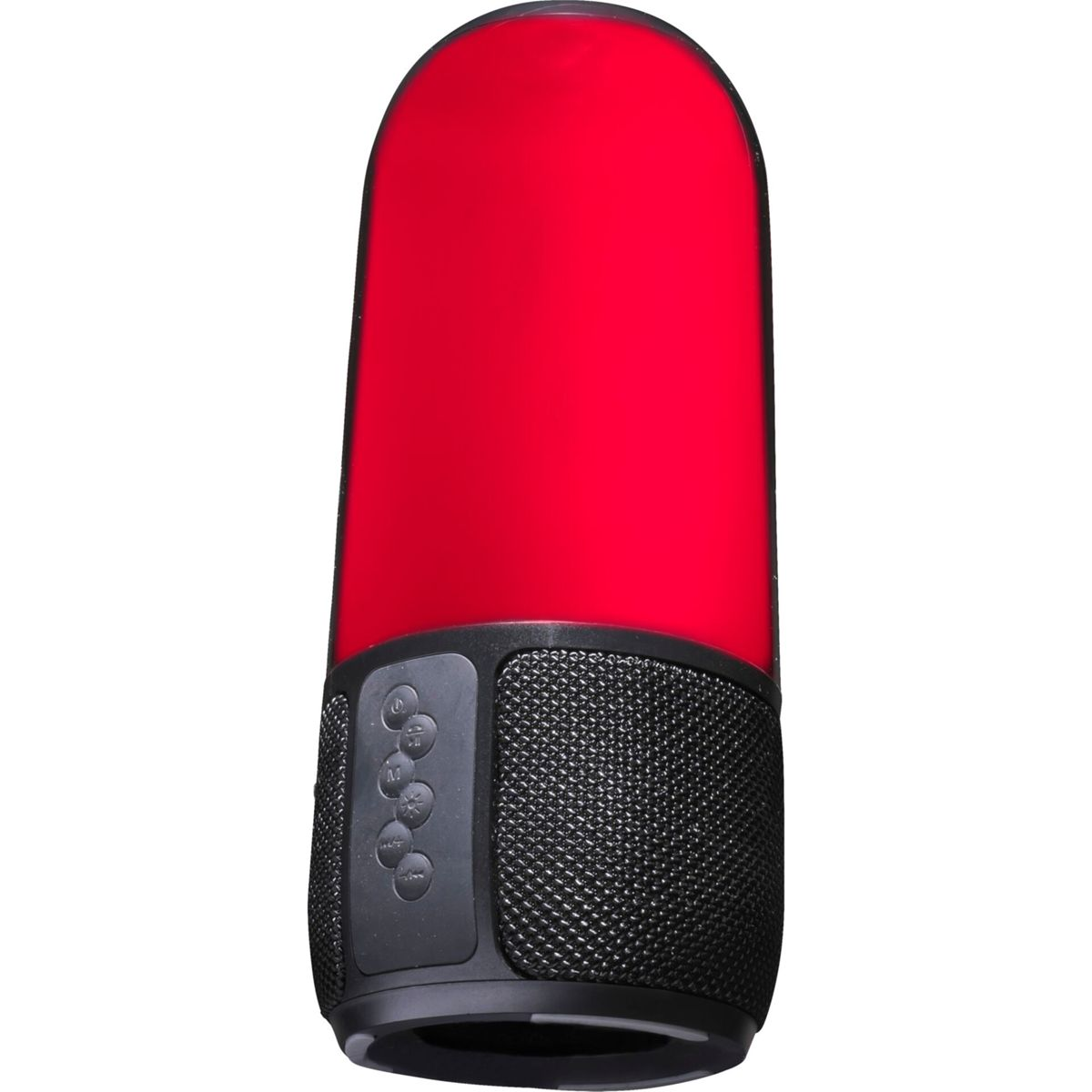 Czarny cylindryczny głośnik z czerwonym świecącym światłem na górze.
