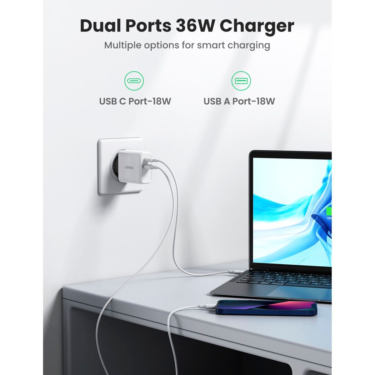 UGREEN 36W Dual Port EU weiß USB-Ladegerät Universal
