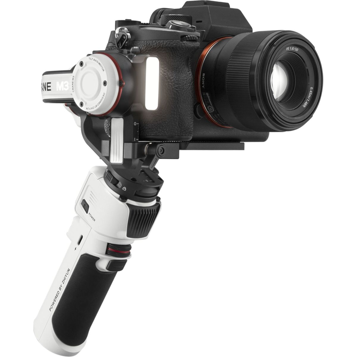 Eine Kamera, die auf einem Gimbal-Stabilisator montiert ist. Der Stabilisator ist weiß und schwarz.