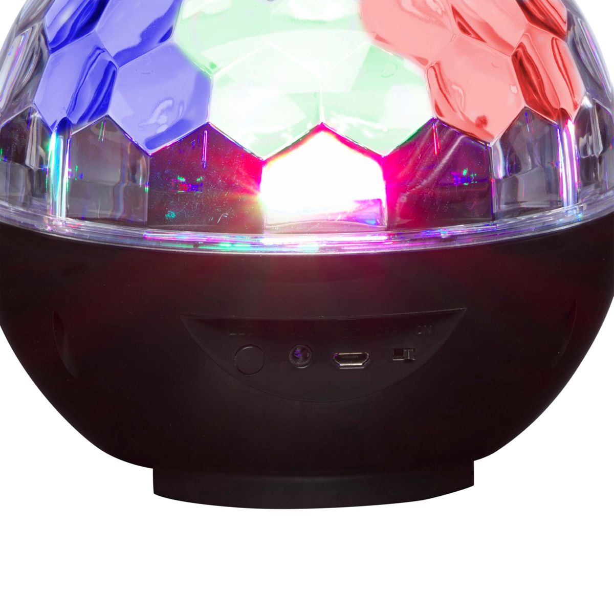 Kula dyskotekowa z kolorowymi światłami na czarnej podstawie. Widoczne przyciski.