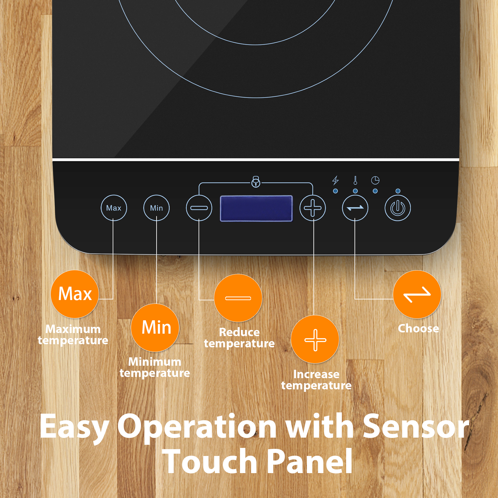 Panel de control negro de encimera con botones de temperatura y encendido/apagado en madera.
