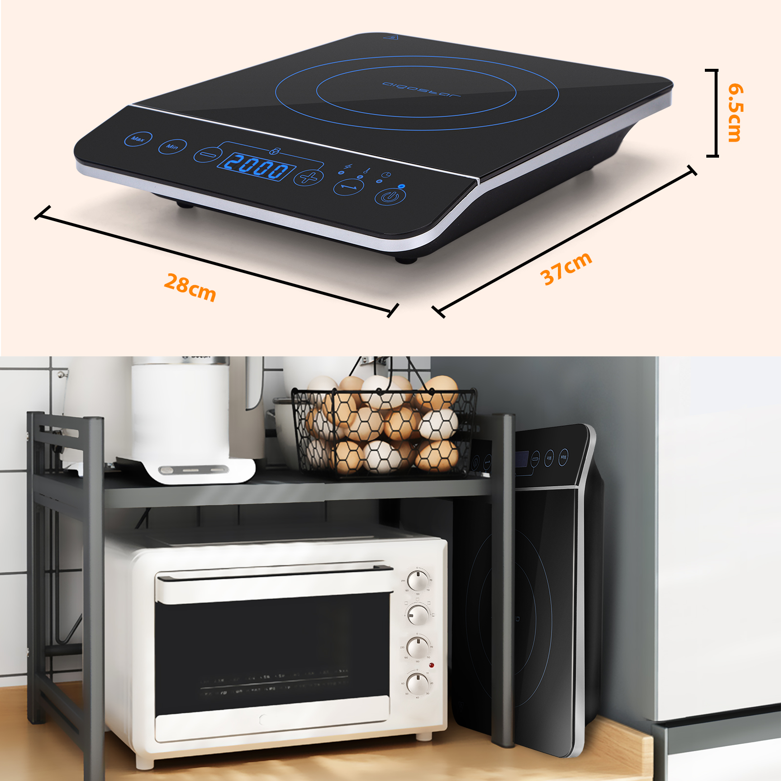 Placa de inducción negra con dimensiones. Debajo, un microondas, horno y otros artículos de cocina.