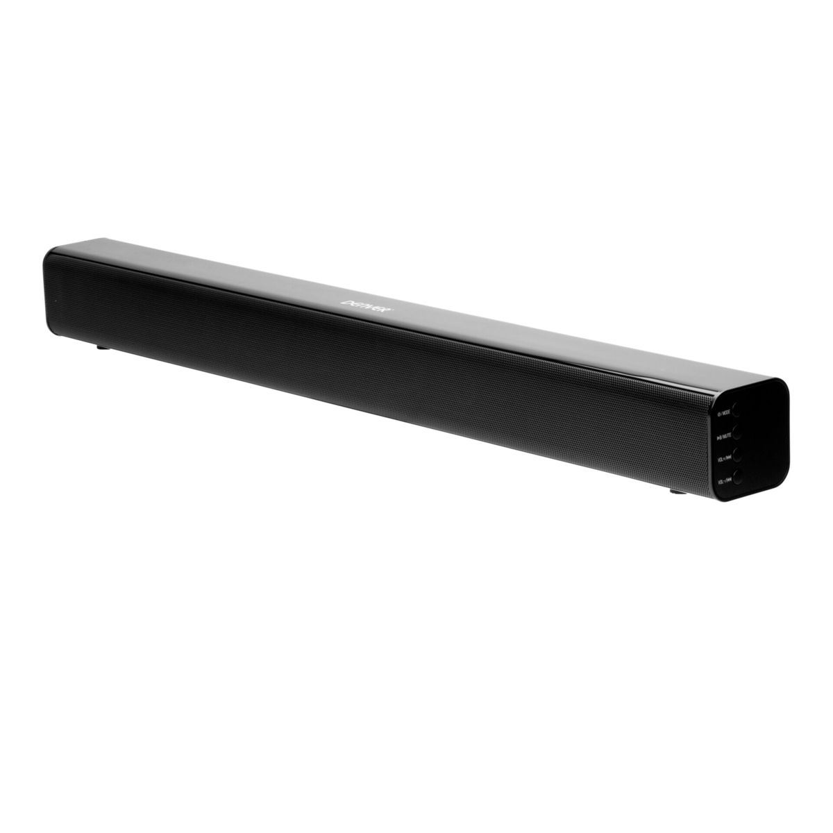 Czarny soundbar z przyciskami i maskownicą głośnika. Białe tło.