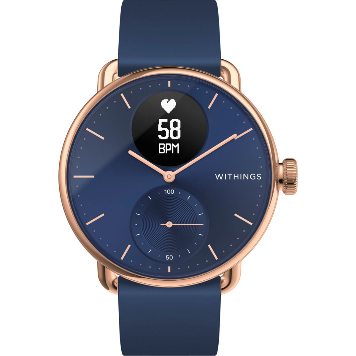 Eine blaue Smartwatch mit roségoldenem Rahmen. Zeigt Herzfrequenzdaten auf dem Bildschirm.
