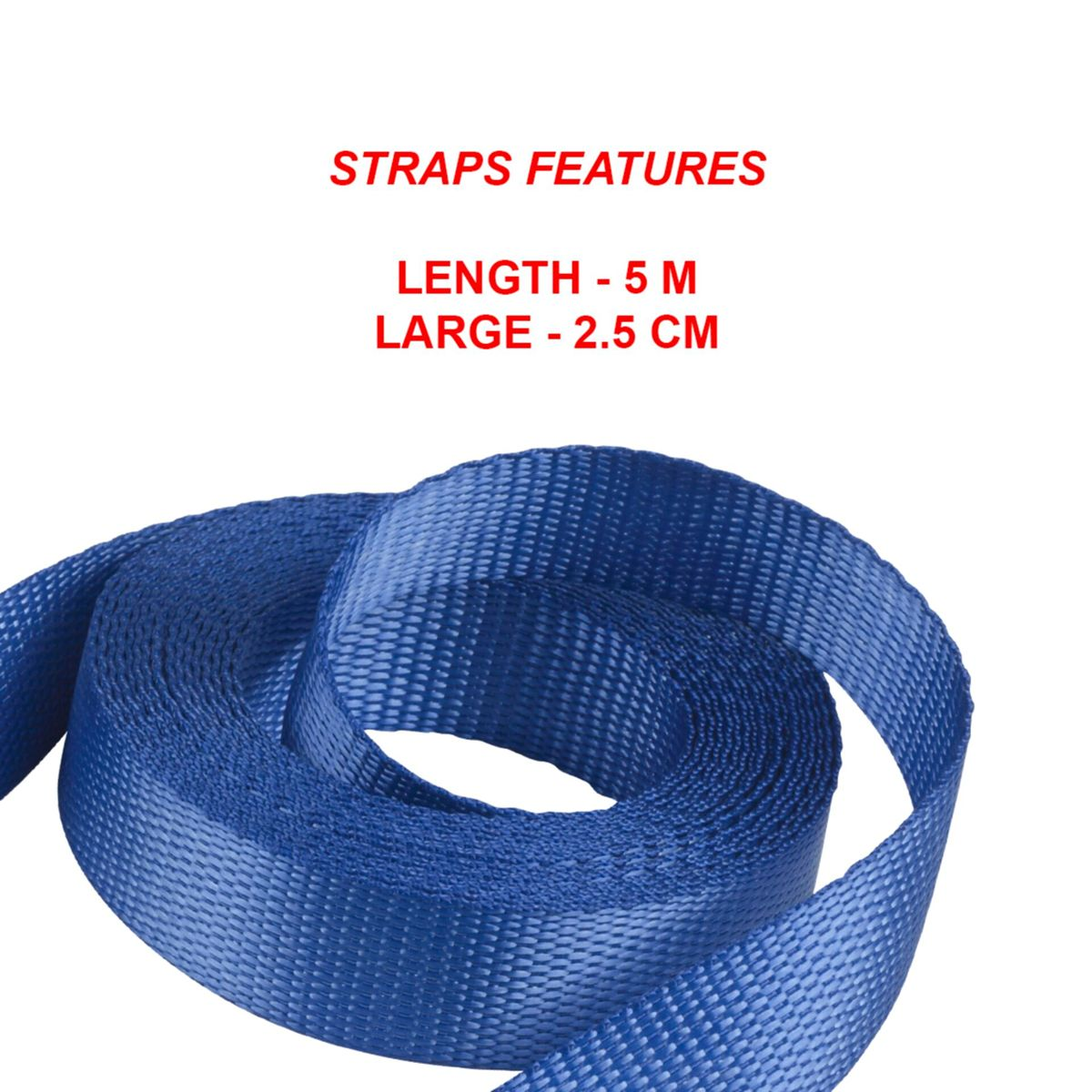 Una cinghia blu arrotolata. Il testo recita: LUNGHEZZA - 5 M, LARGHEZZA - 2,5 CM.