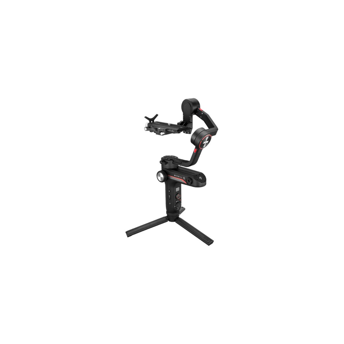 Ein schwarzes und rotes Kameragimbal mit Stativ. Das Gimbal befindet sich vor weißem Hintergrund.