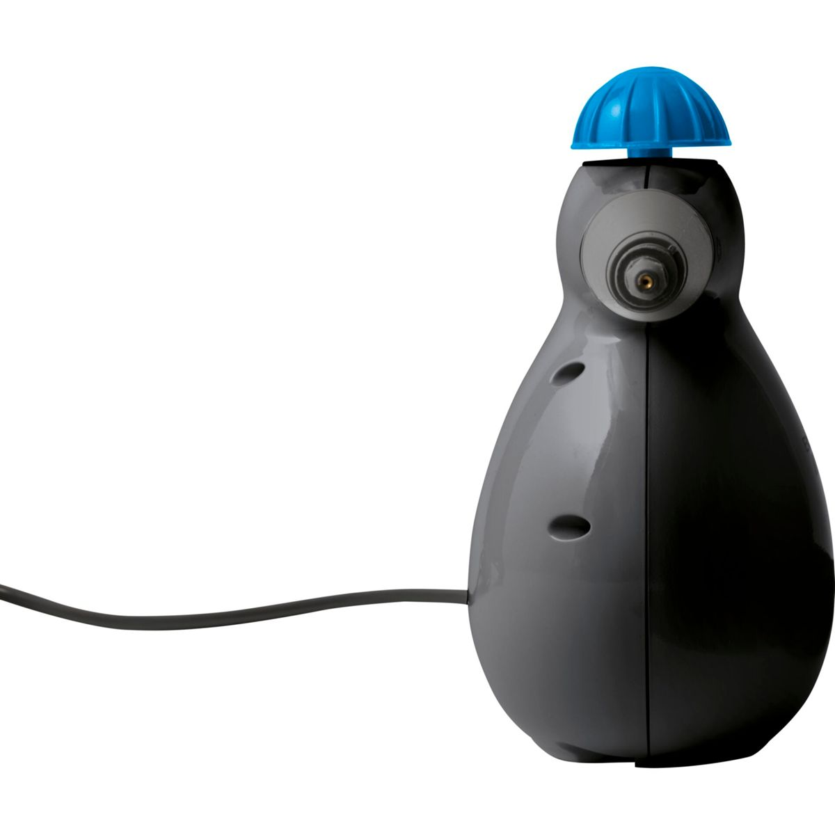 Szare urządzenie z niebieską górą, w kształcie pingwina. Na białym tle czarny przewód.