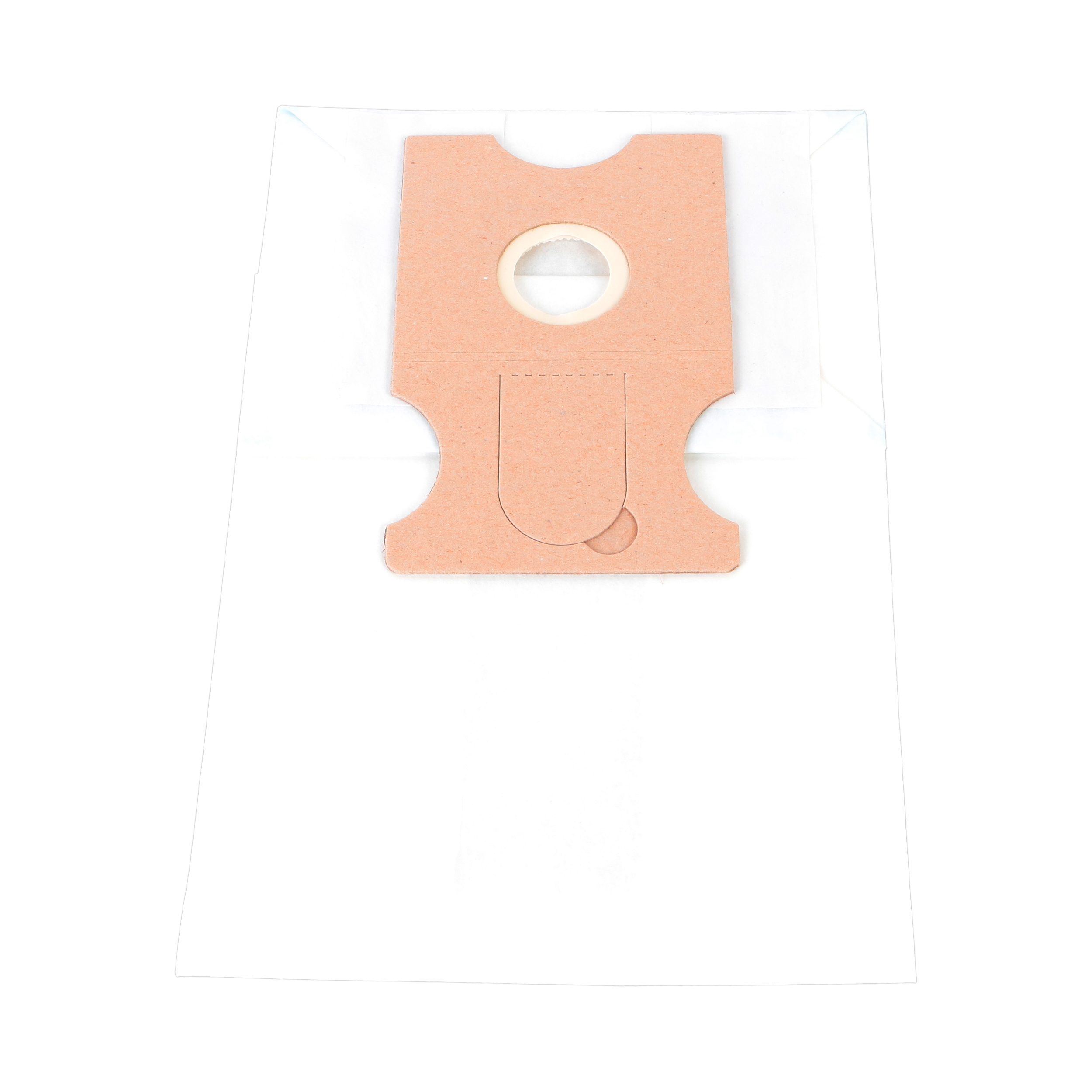 Ein Staubsaugerbeutel mit braunem Papierfilter, auf weißem Hintergrund.