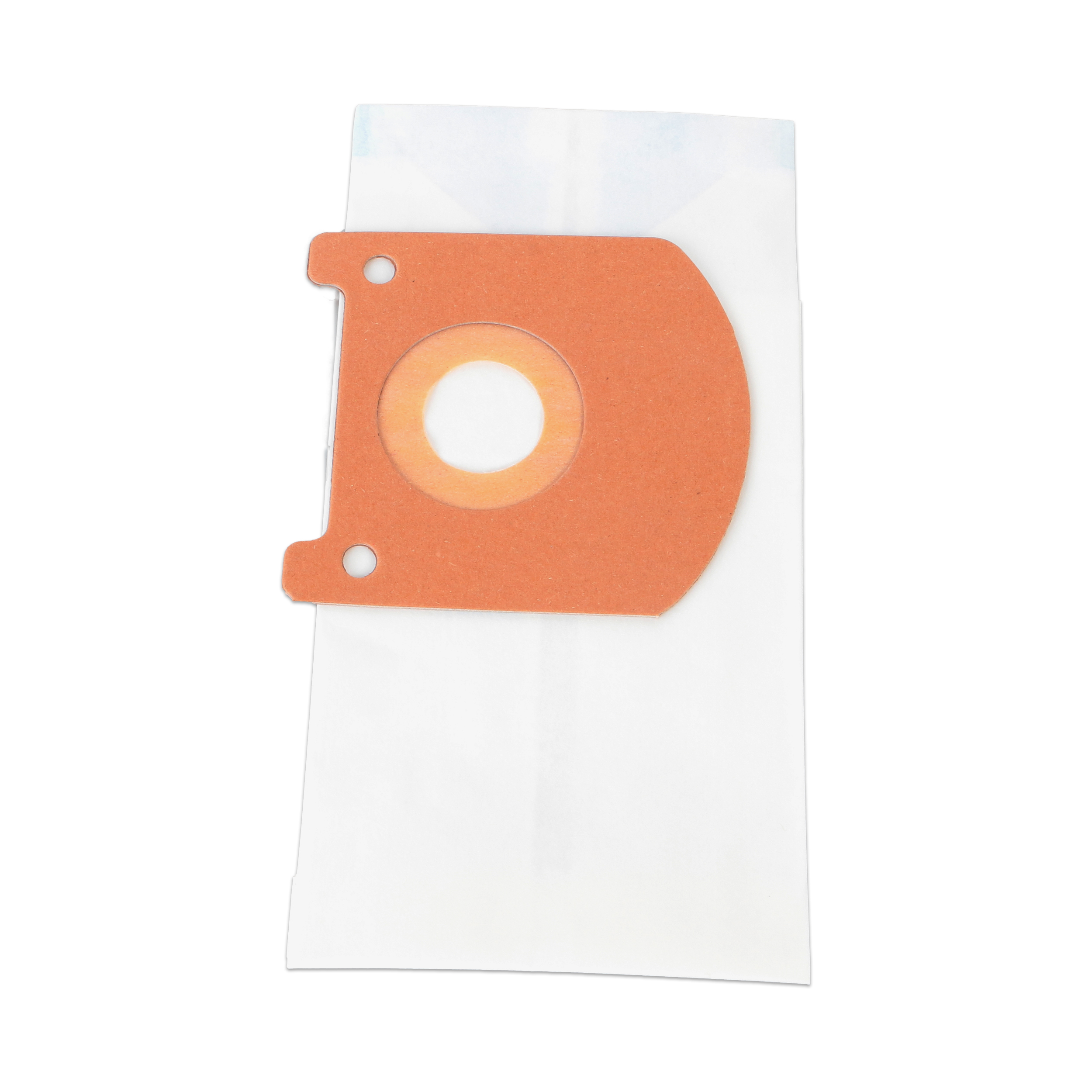 Weißer Staubsaugerbeutel mit einem orangefarbenen Siegel. Es ist ein rechteckiger Beutel.