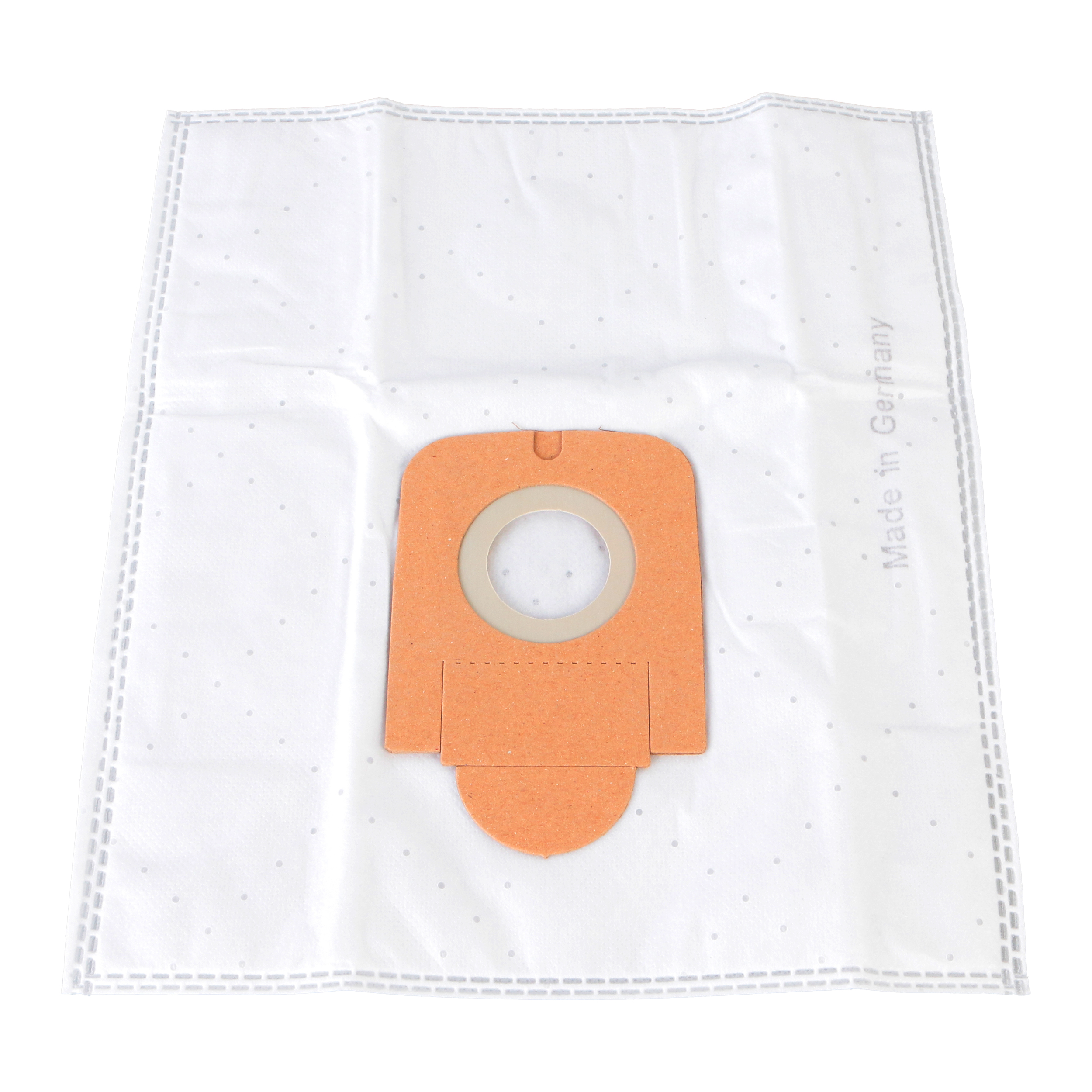 Staubsaugerbeutel mit orangefarbenem Mittelteil, Aufschrift „Made in Germany“.