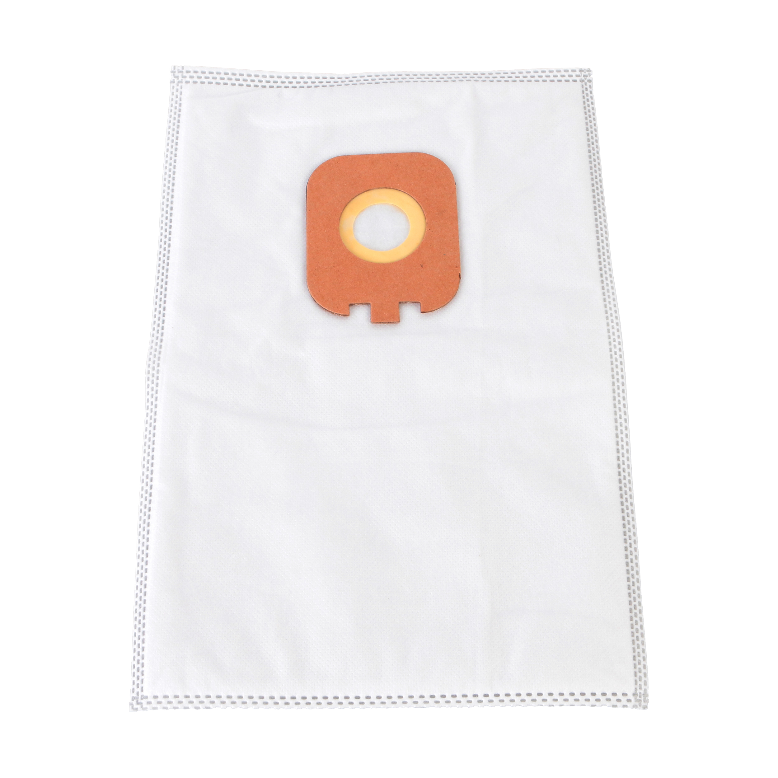 Weißer Staubsaugerbeutel mit orangefarbenem und gelbem Kunststoffring. Weißer Hintergrund.