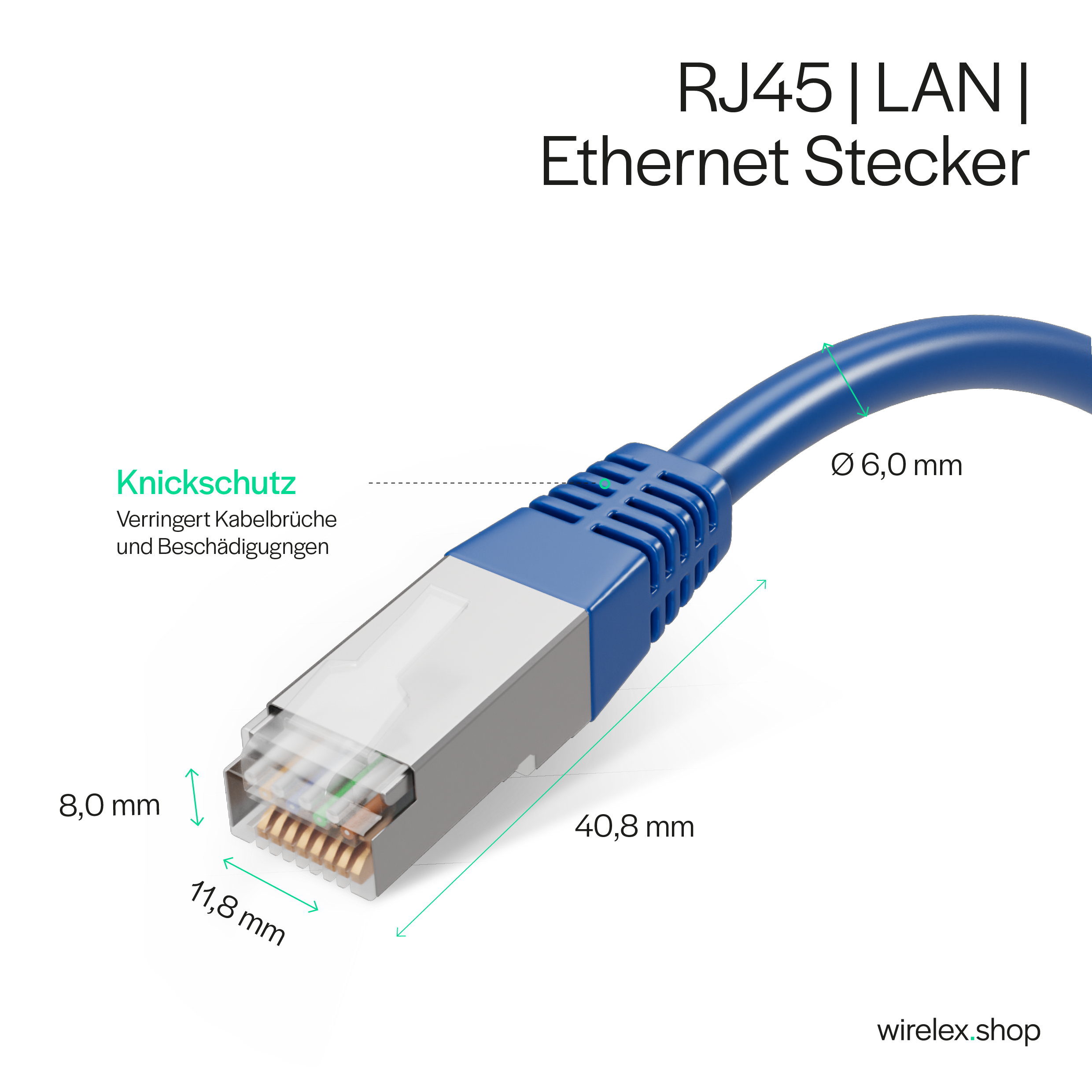 Blaues Netzwerkkabel mit RJ45-Stecker. Text und Abmessungen werden angezeigt. Weißer Hintergrund.