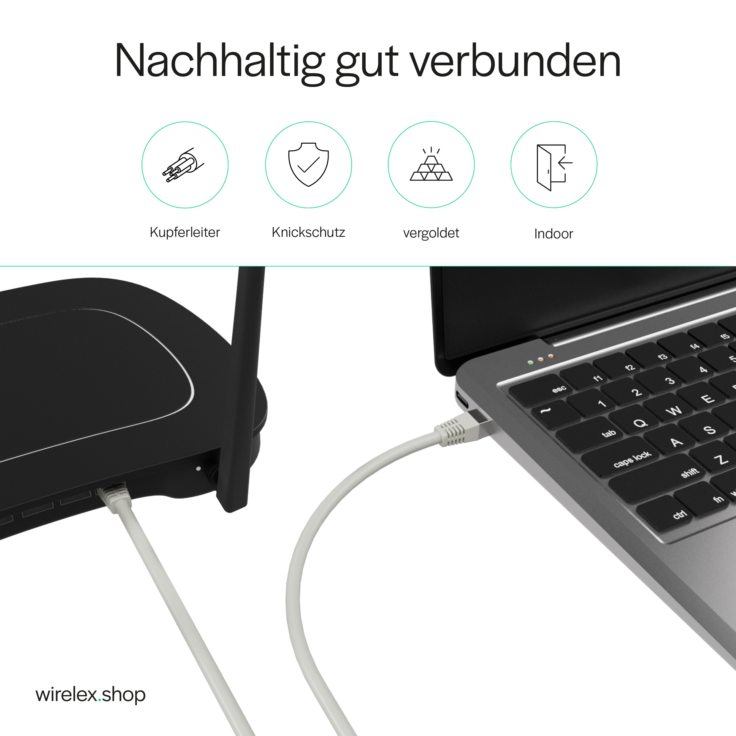 Czarny router i laptop połączone białym kablem Ethernet. Białe tło. Cztery ikony u góry.