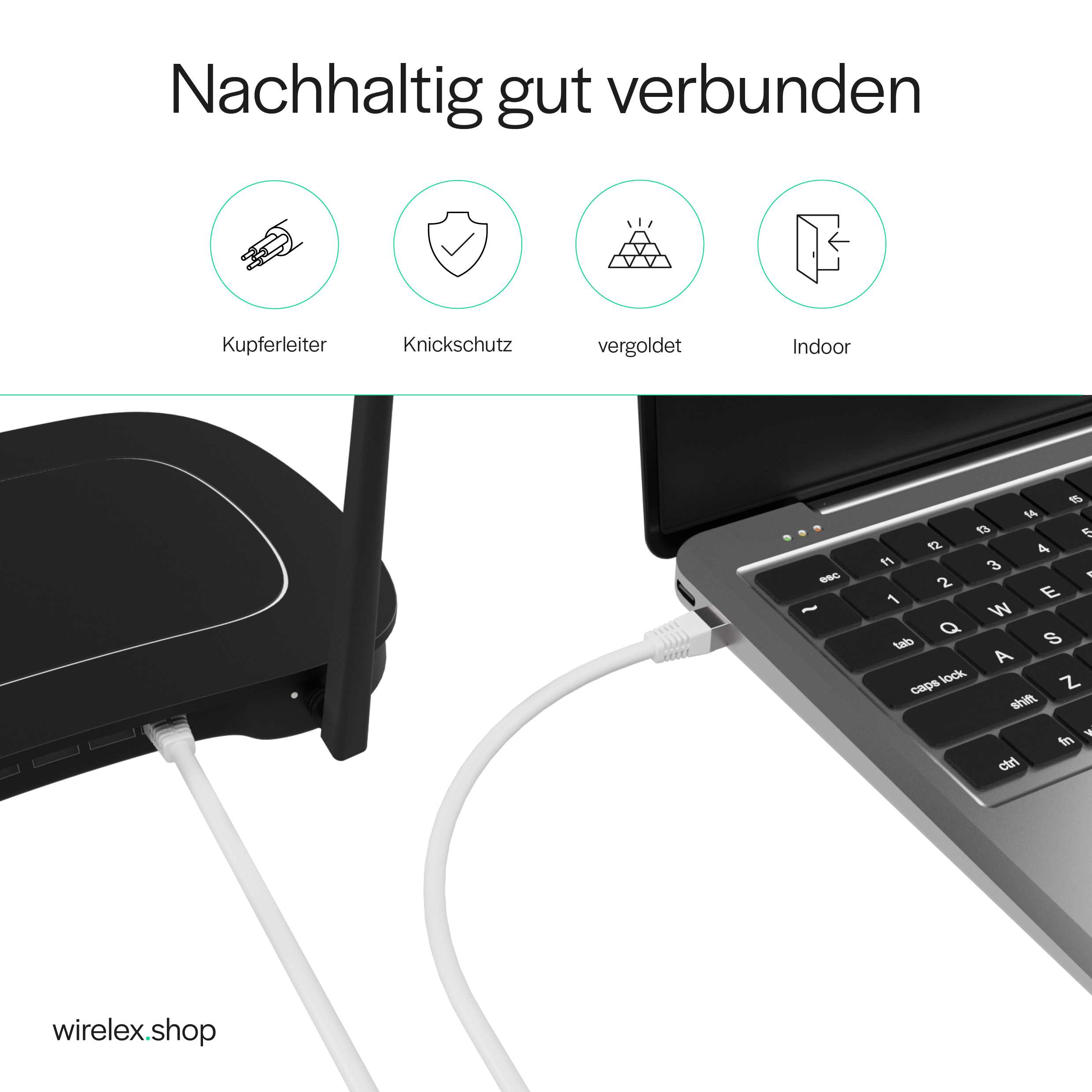 Router podłączony do laptopa białym kablem. Tekst opisuje funkcje.