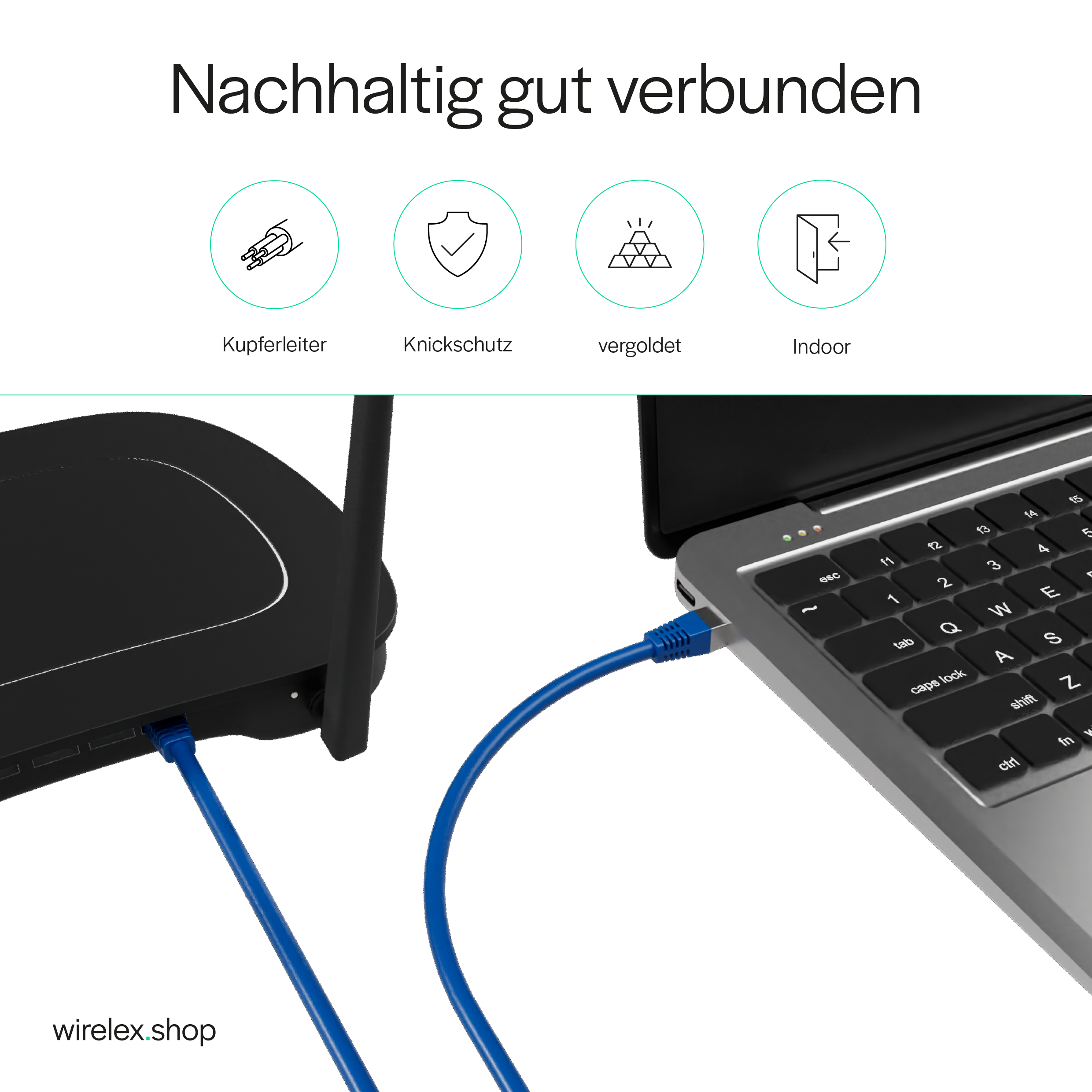 Ein Router, der mit einem Laptop verbunden ist. Blaues Kabel. Weißer Hintergrund. Netzwerk-Icons.
