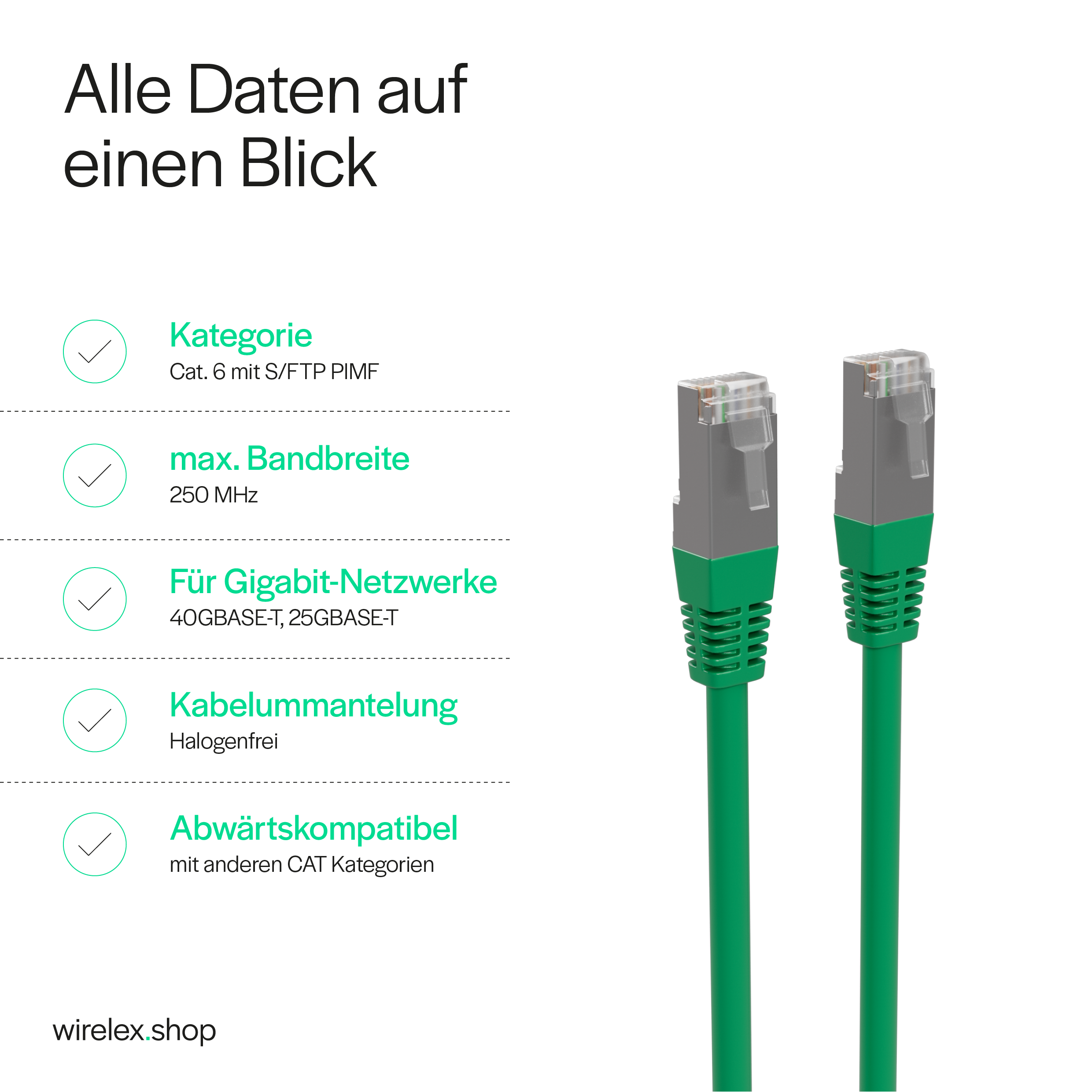 Zwei grüne Ethernet-Kabel mit Steckern. Text über Kategorie, Bandbreite und andere Spezifikationen. Weißer Hintergrund.