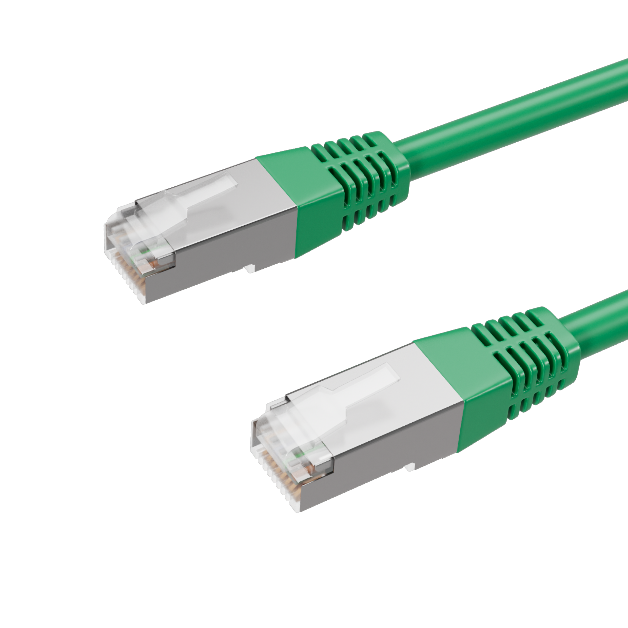 Grünes Ethernet-Kabel mit silbernen Steckern. Weißer Hintergrund.
