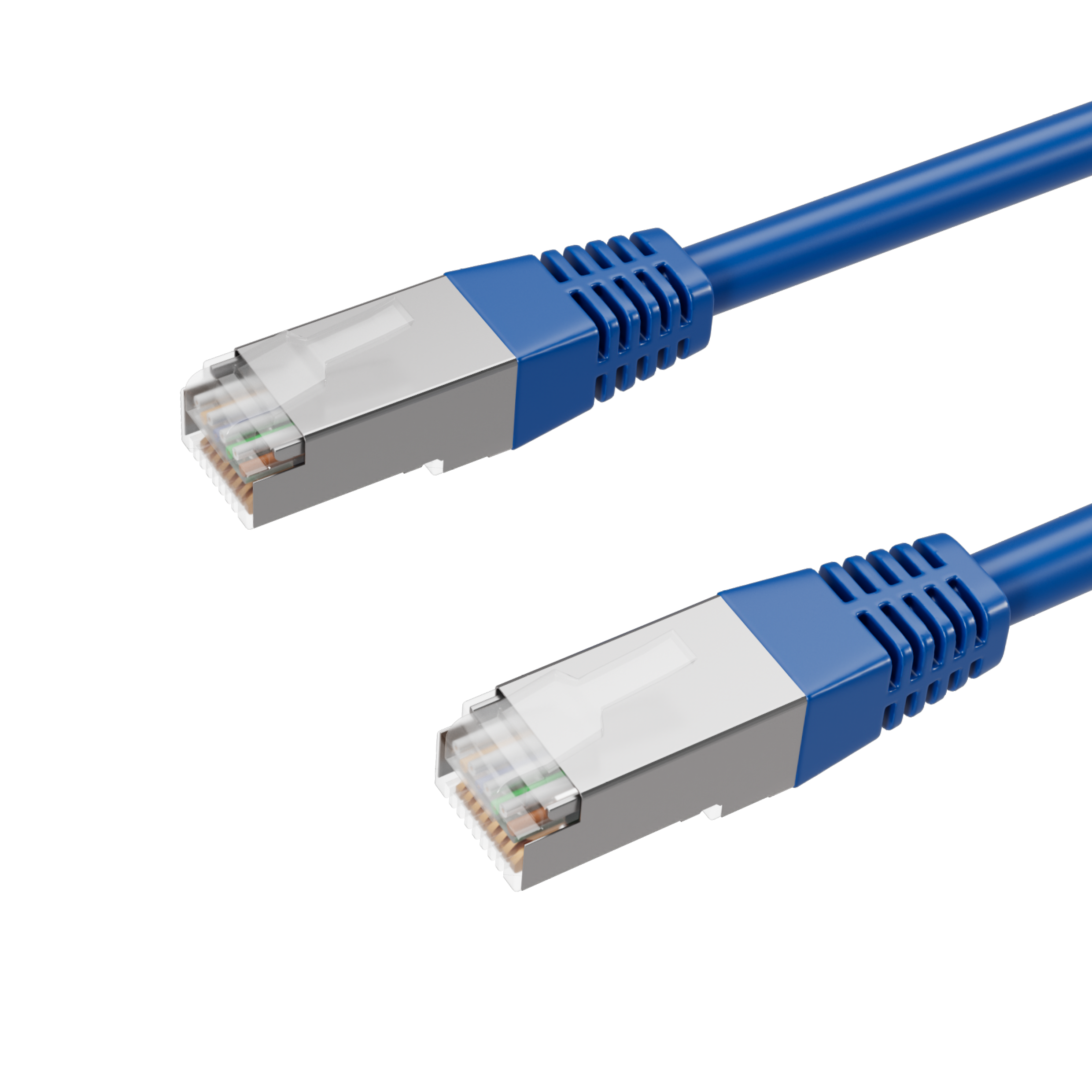 Zwei blaue Netzwerkkabel mit silbernen Steckern auf weißem Hintergrund.