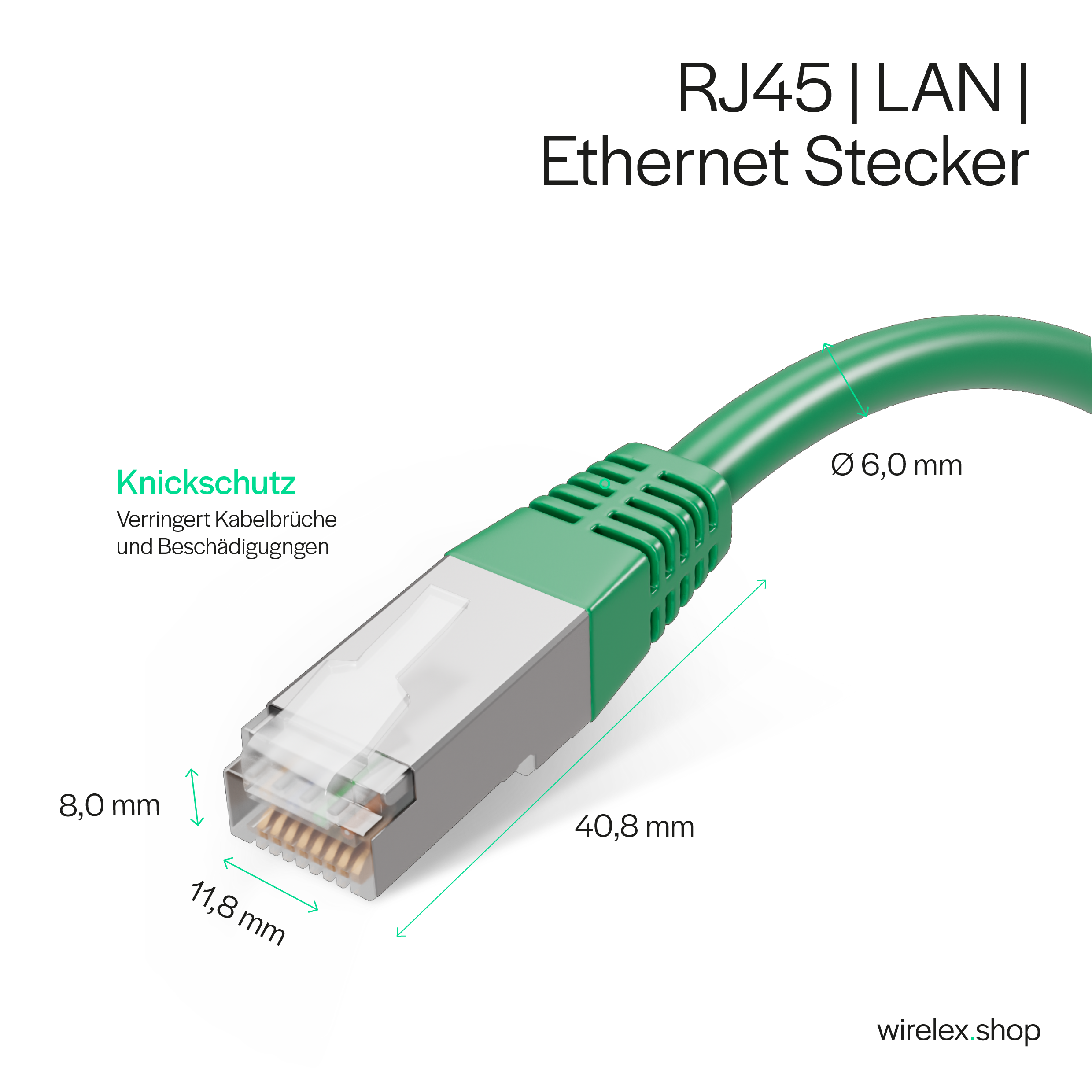 Zielony kabel Ethernet RJ45 z wymiarami. Złącze ma srebrne i zielone osłonę. Białe tło.