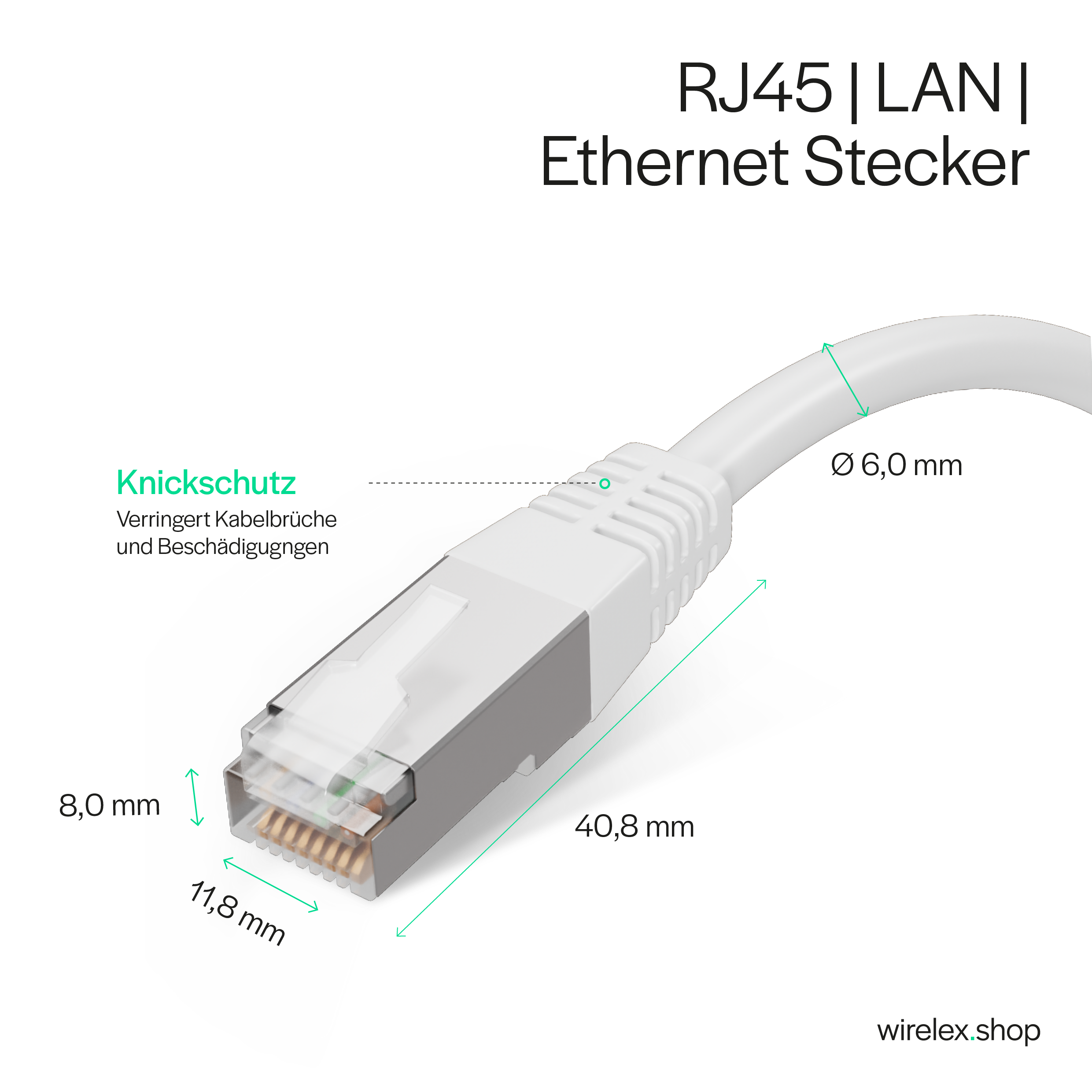Weißer RJ45-Ethernet-Stecker. Zeigt Abmessungen und Text zum Produkt.