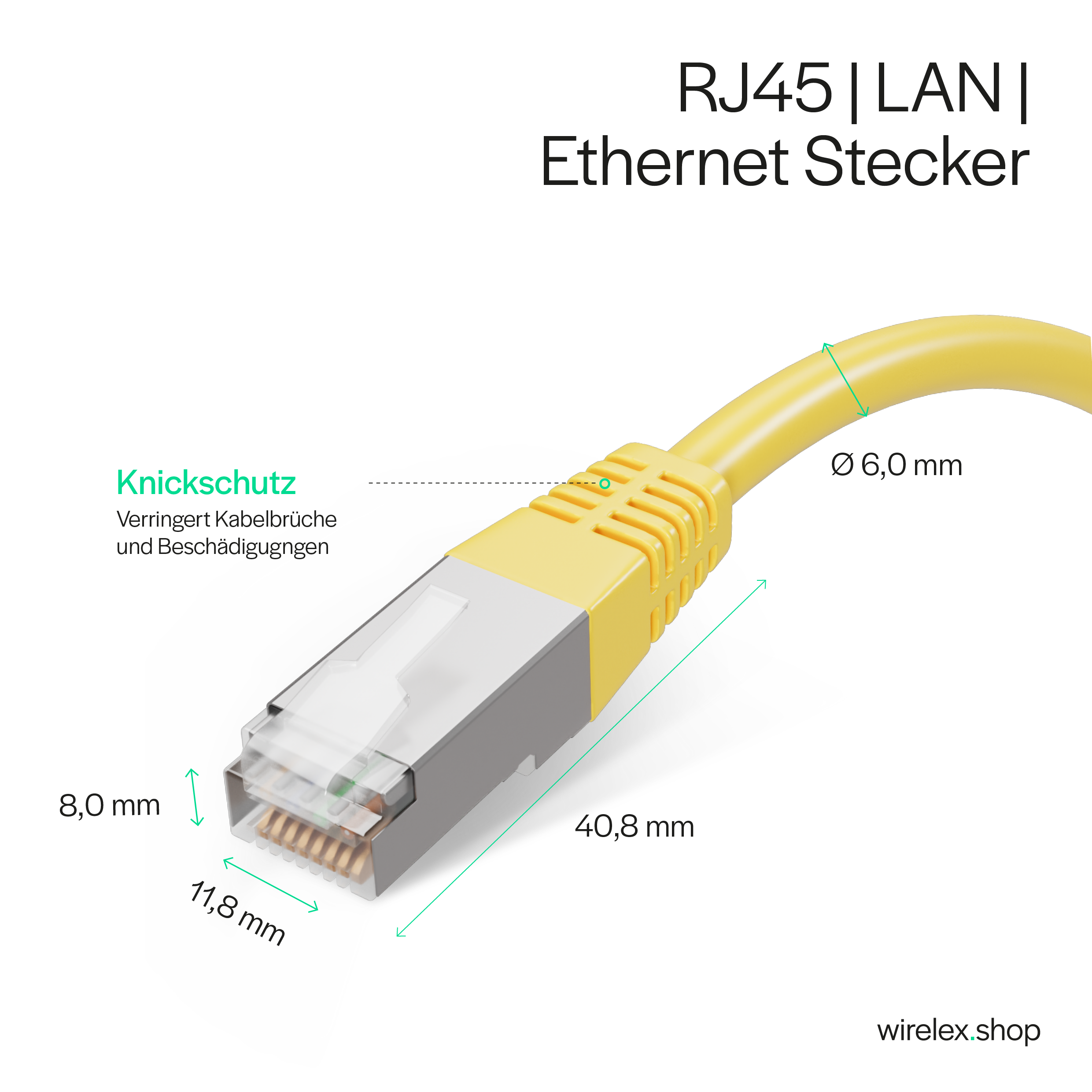 Ein gelbes Ethernet-Kabel mit Abmessungen und beschrifteten Merkmalen, einschließlich des Steckers.