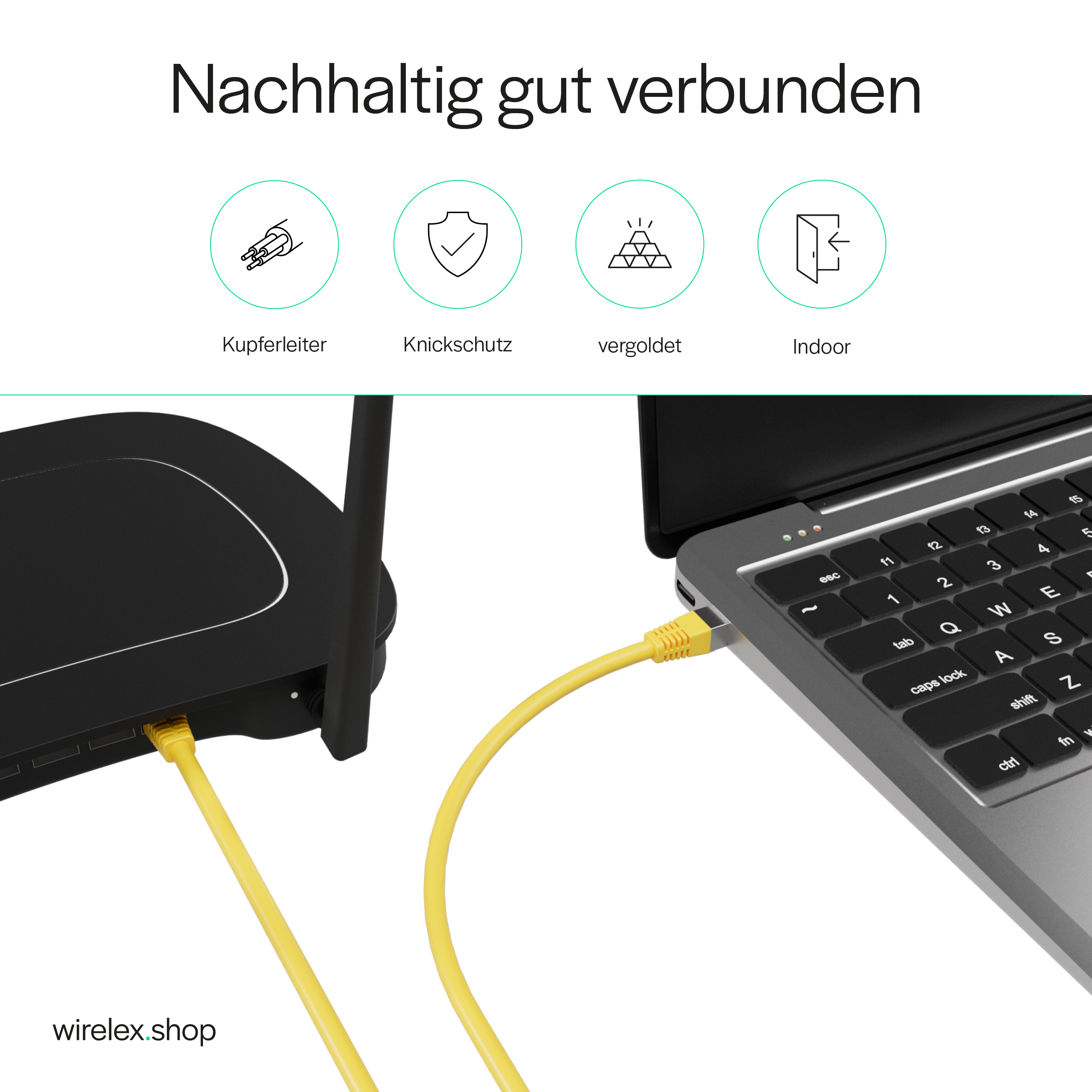 Laptop podłączony do routera za pomocą żółtego kabla Ethernet, z ikonami i tekstem.