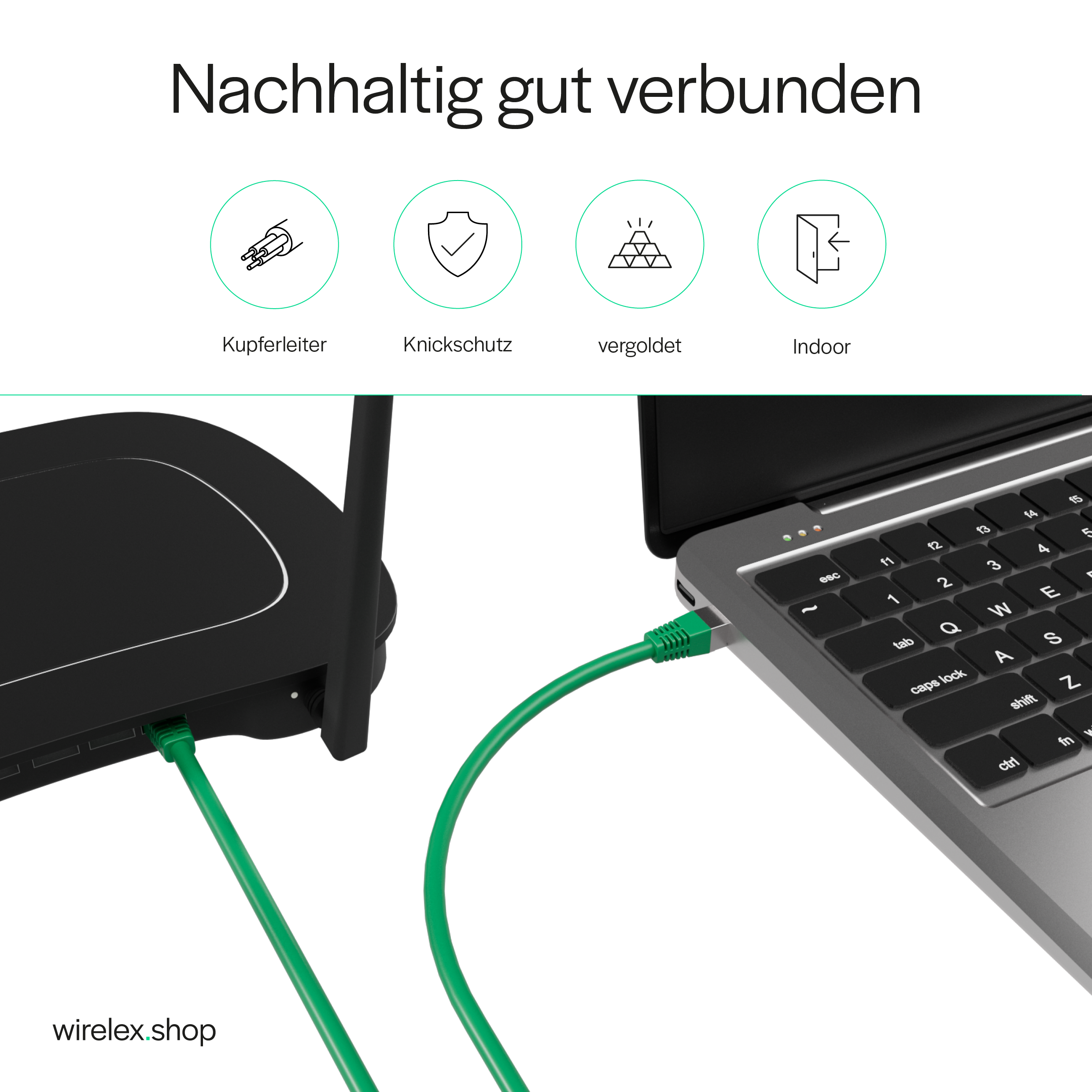 Grünes Ethernet-Kabel an schwarzen Router und Laptop angeschlossen. Das Bild hat einen weißen Hintergrund.