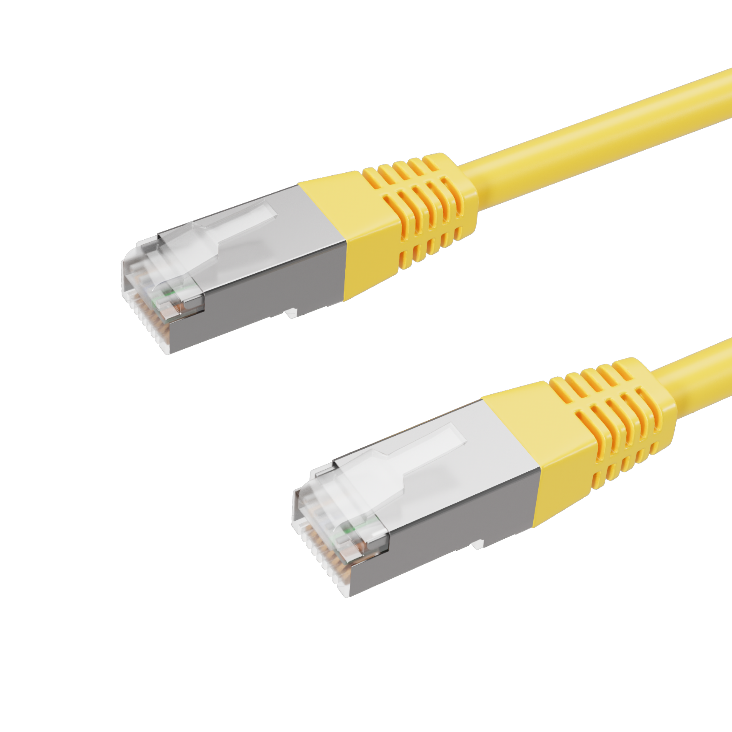 Zwei gelbe Ethernet-Kabel, jedes mit einem silbernen RJ45-Stecker.