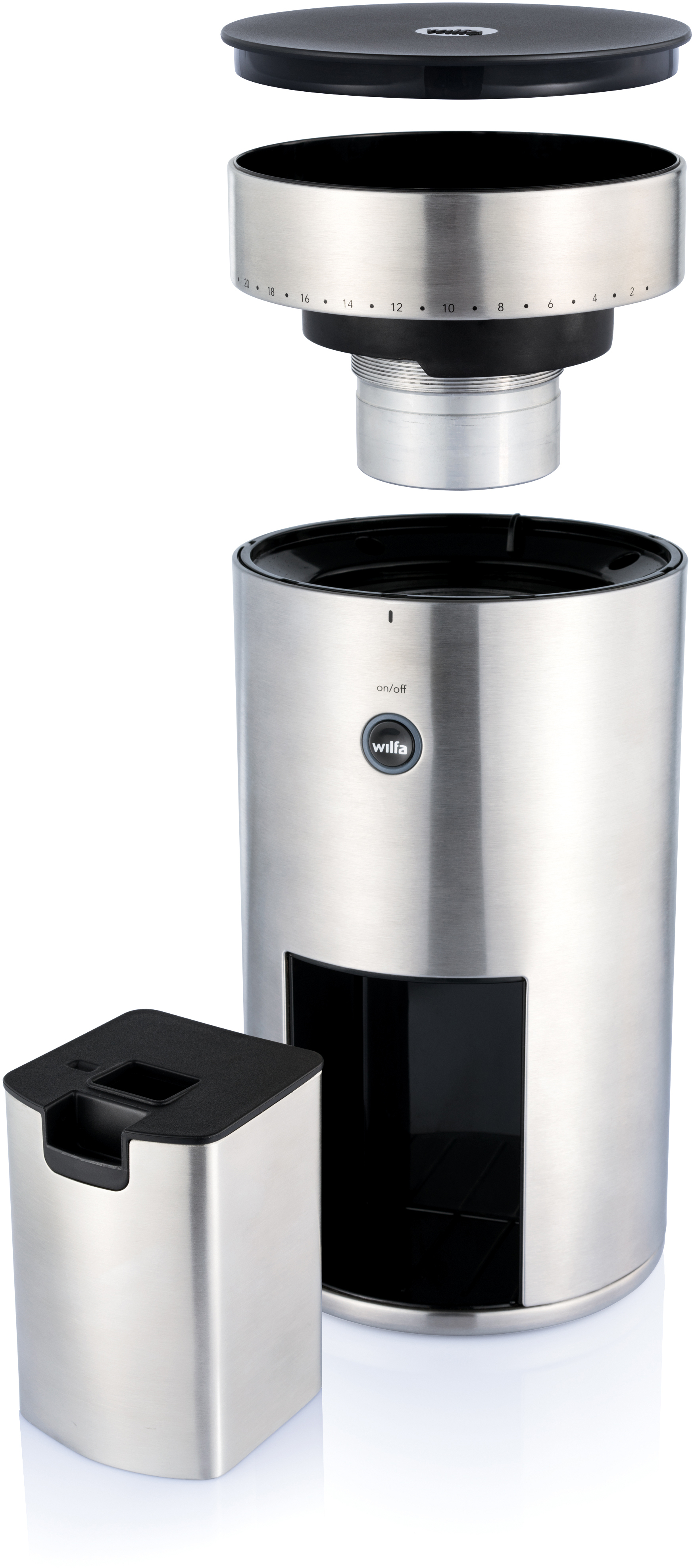 Edelstahl-Kaffeemühle zerlegt, Teile sichtbar.