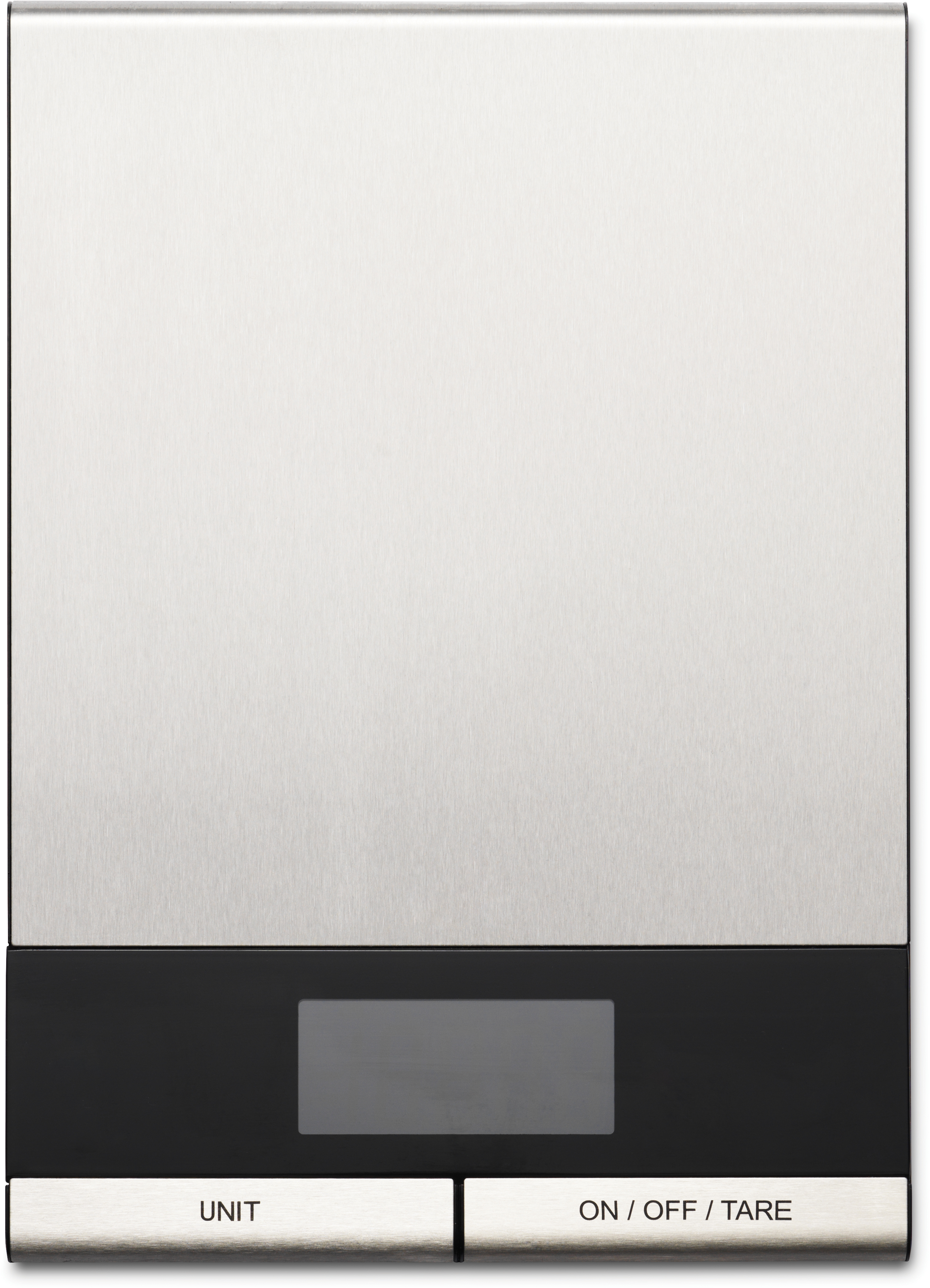 Silberwaage mit schwarzem Boden. Es hat ein Display und zwei Tasten mit der Aufschrift 'UNIT' und 'ON/OFF/TARE'.
