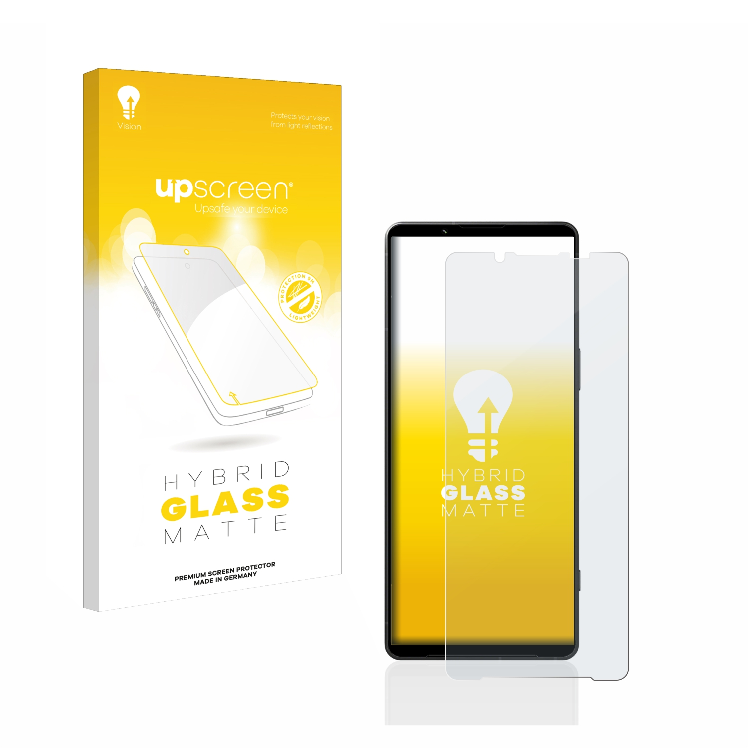 Telefon mit Displayschutzfolie und Box. Weiße Box mit Logo und Details. Weißer und gelber Hintergrund.