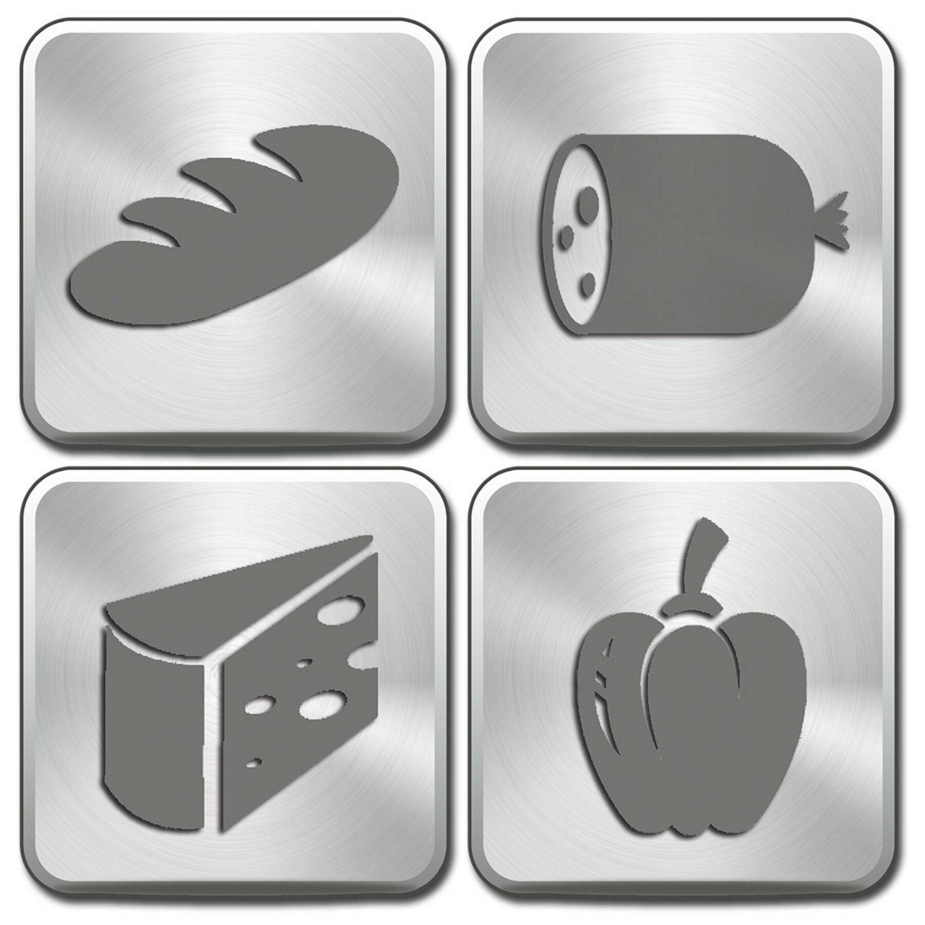 Cztery szare ikony: chleb, kiełbasa, ser i papryka na teksturowanym metalowym tle.