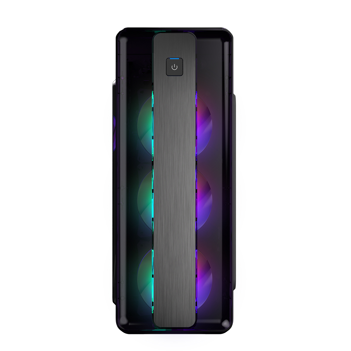 Eine Draufsicht auf ein schwarzes Computergehäuse. Die Vorderseite hat einen Power-Knopf und Lüfter mit bunten Lichtern.