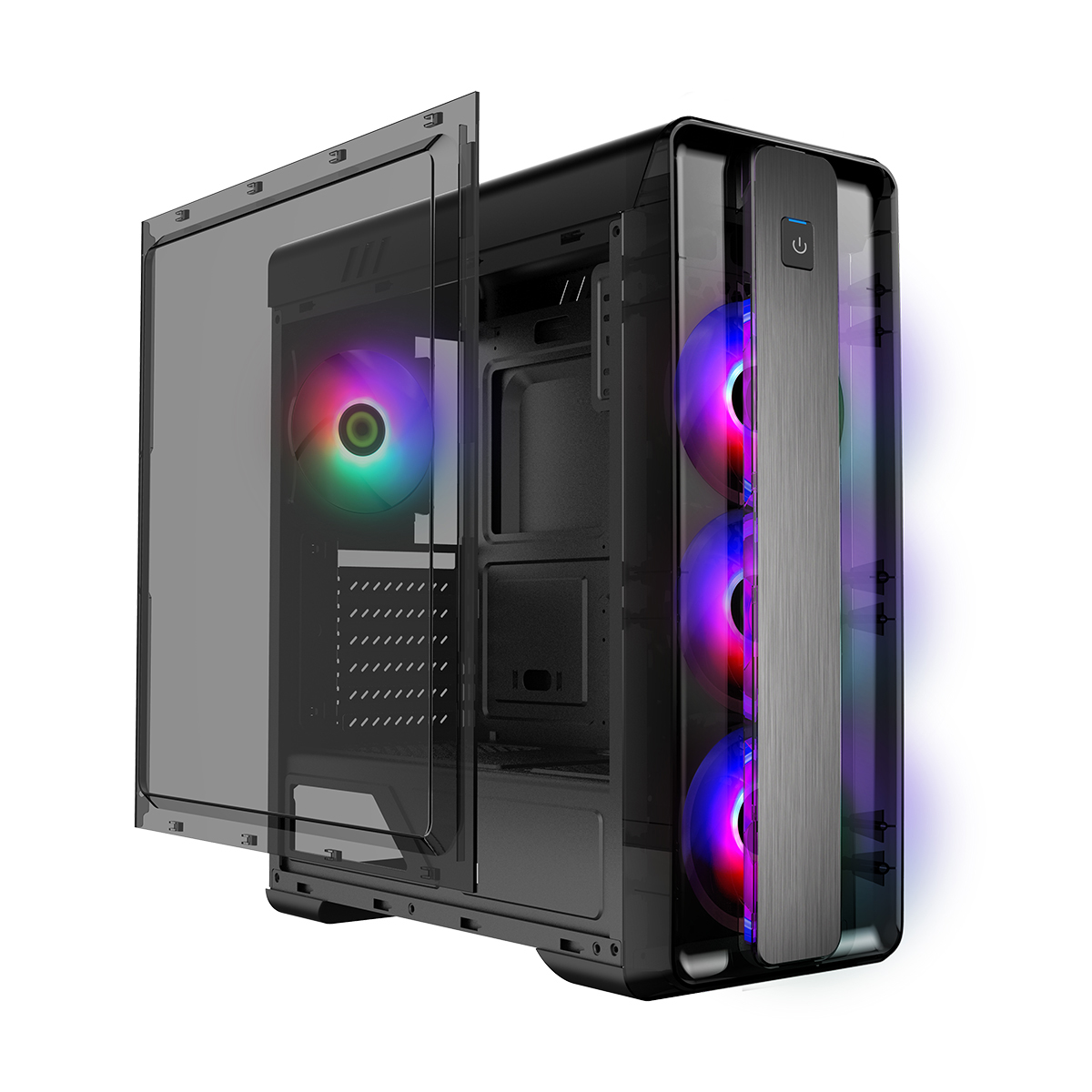 Schwarzes Computergehäuse mit RGB-Lüftern, offenes Glas-Seitenpanel.