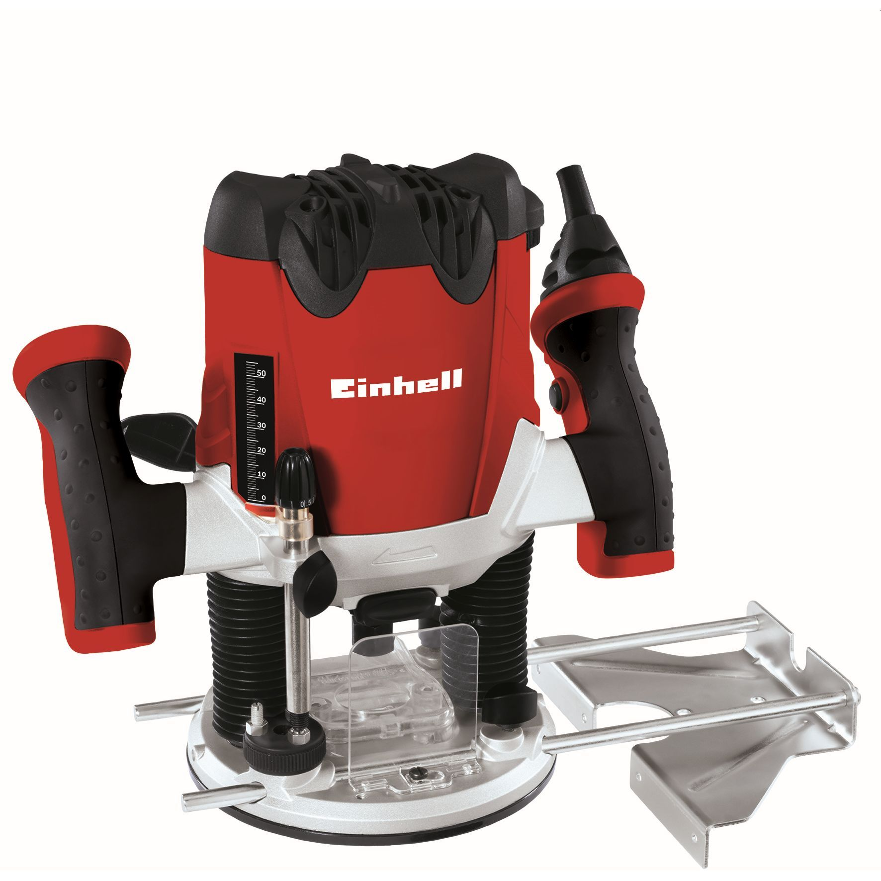 Strumento fresatrice elettrica rosso e nero su sfondo bianco, con base e maniglia argentate.