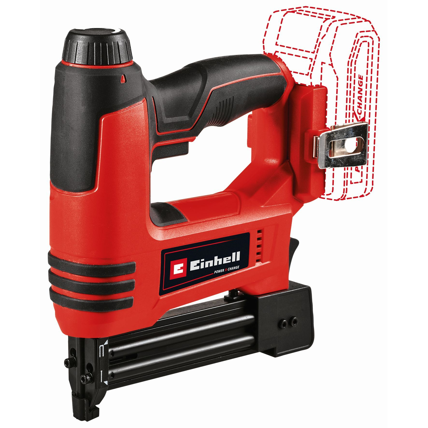 Rode Einhell tacker met een zwarte basis en batterijslot. Witte achtergrond.