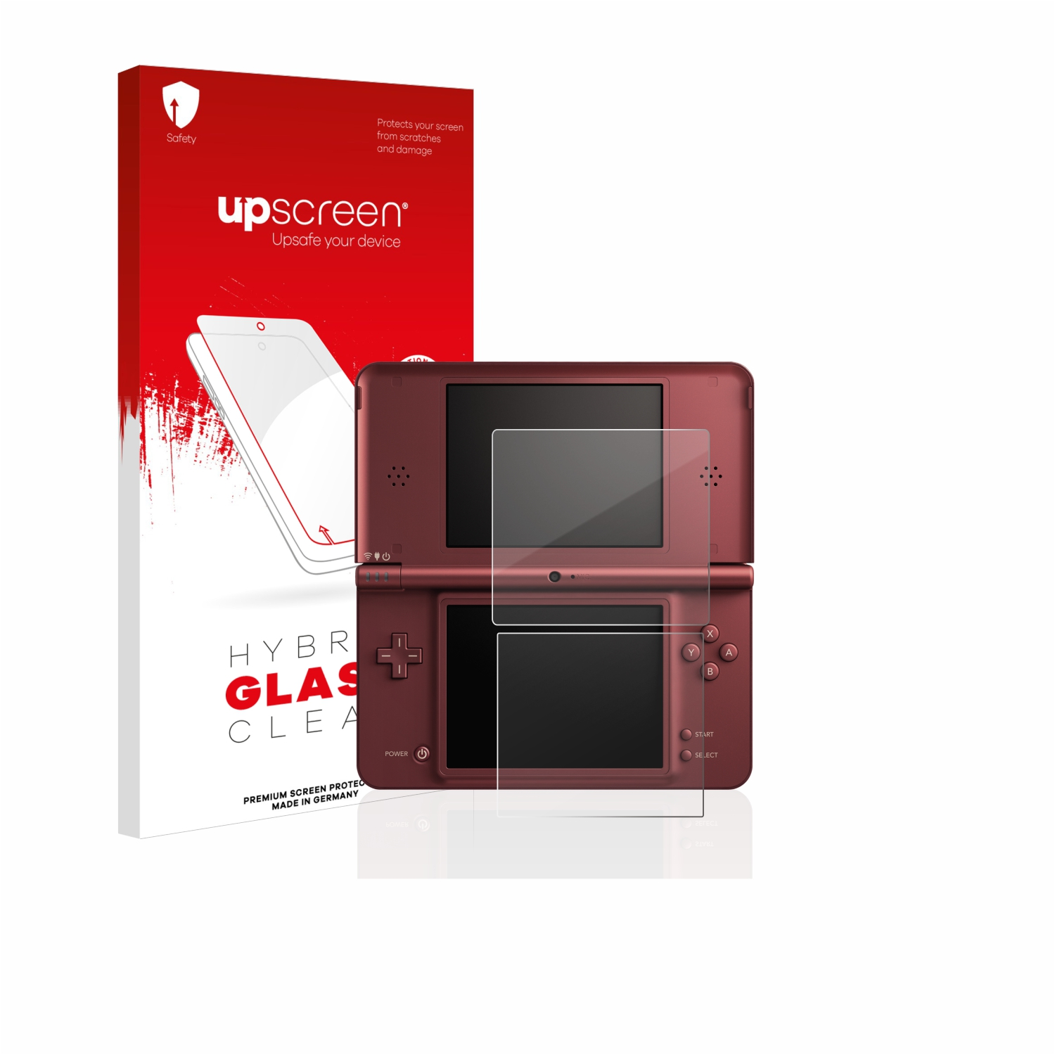 Displayschutzfolien-Set für ein weinrotes Nintendo DS. Box und Schutzfolie sichtbar.