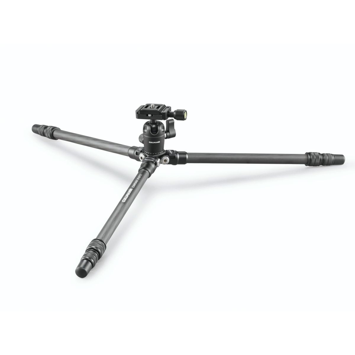 Czarny statyw, rozłożony z trzema nogami, na białym tle. Widoczna głowica.