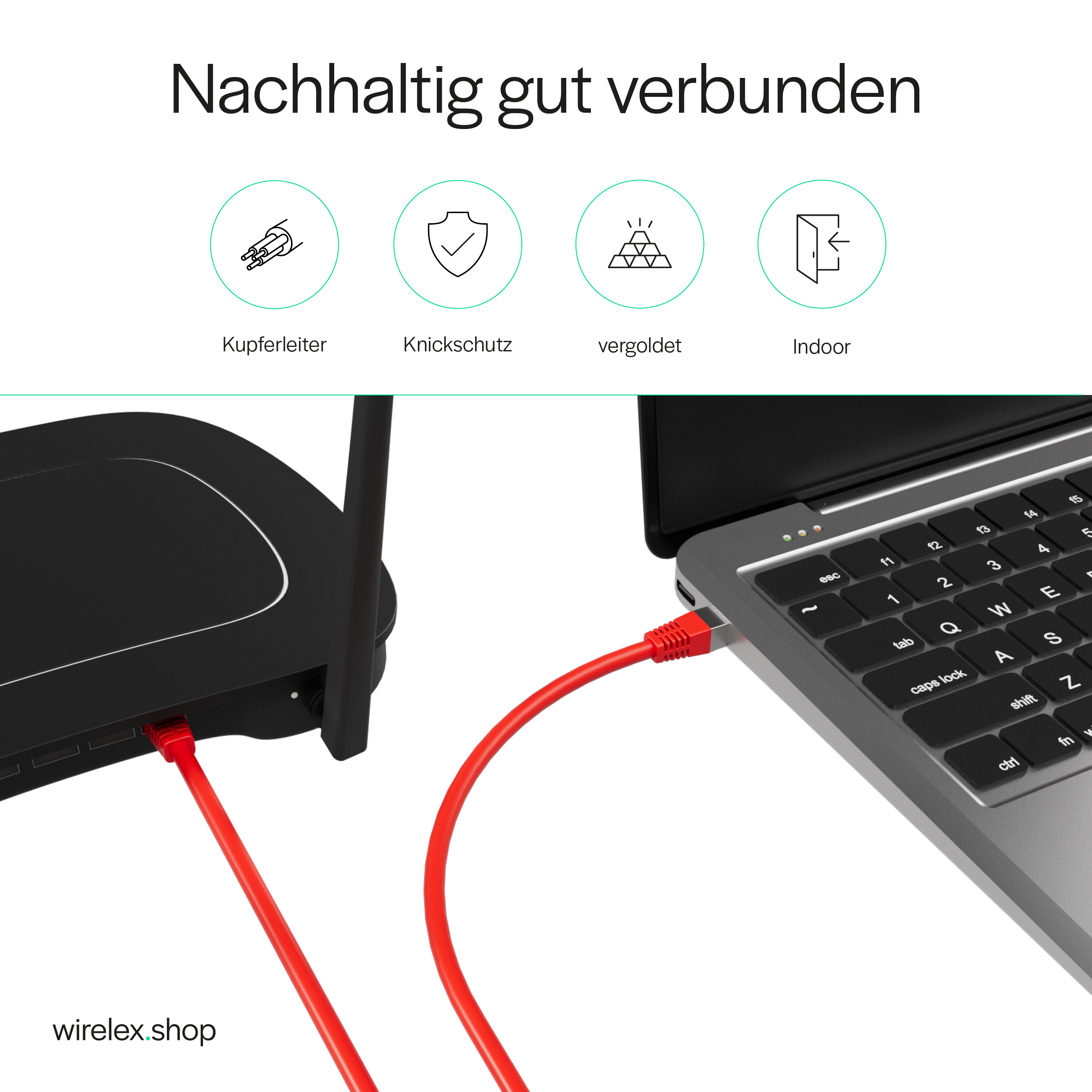 Rotes Kabel verbindet Laptop und Router.