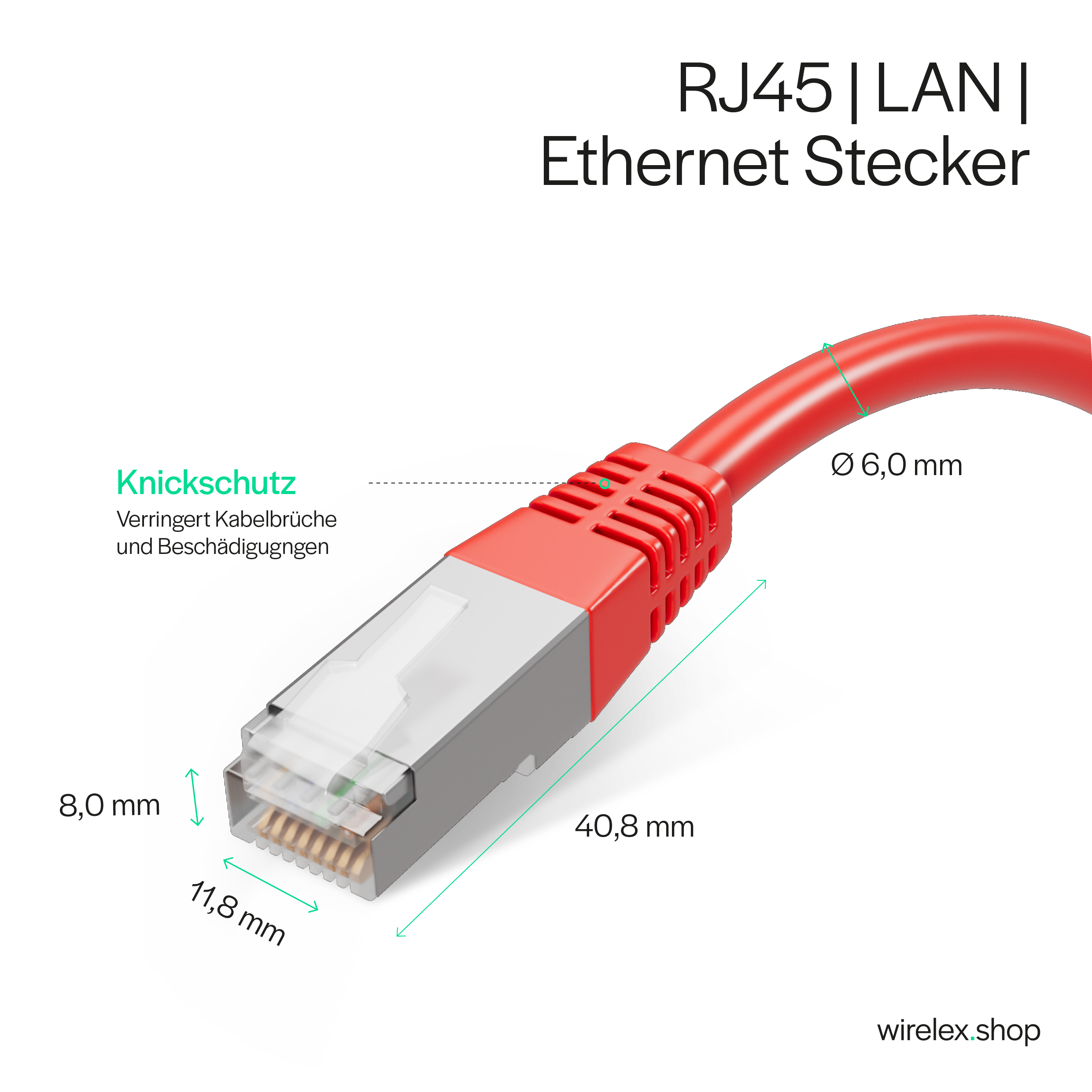 Ein roter RJ45-Ethernet-Stecker mit Abmessungen und Text auf weißem Hintergrund.