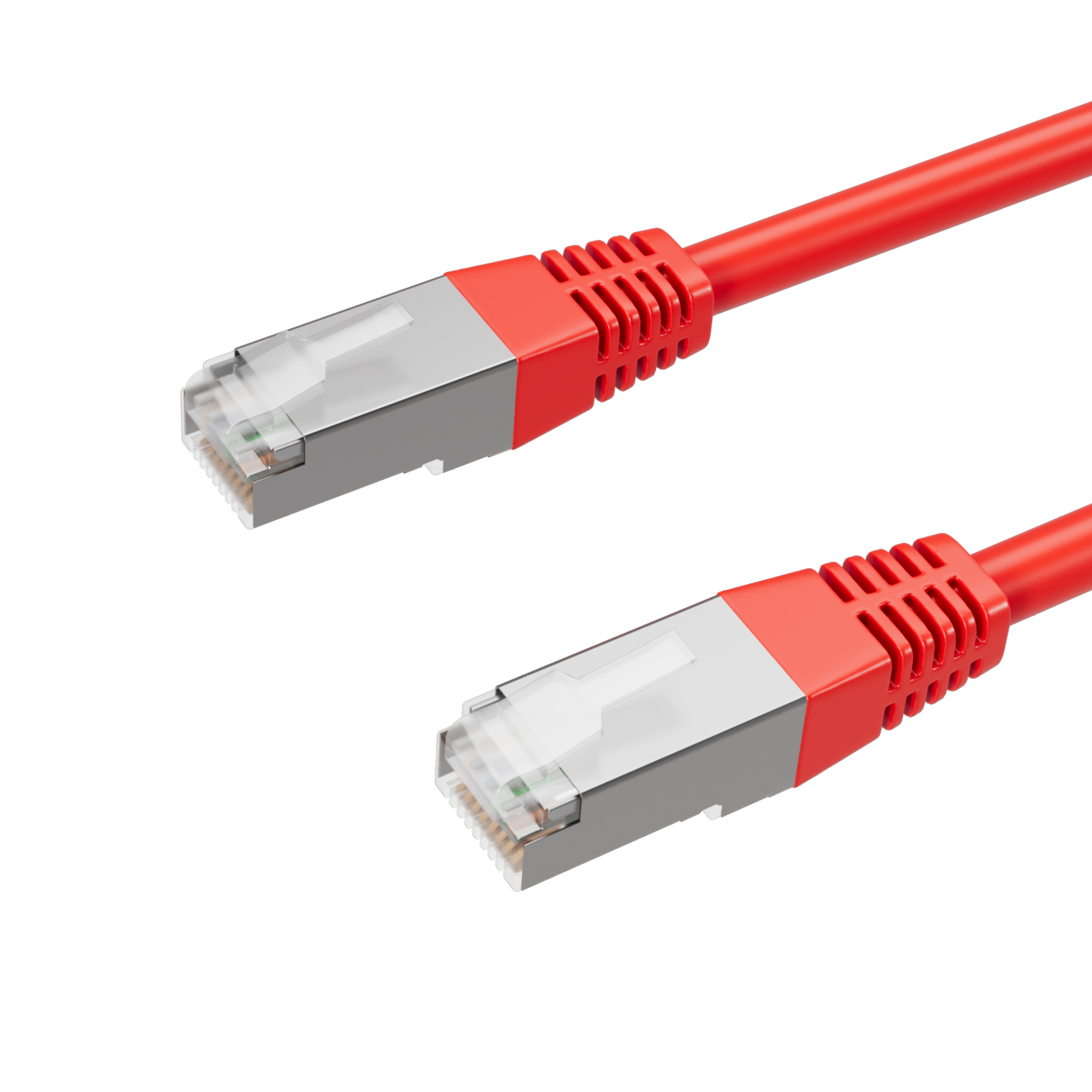 Nahaufnahme eines roten Ethernet-Kabels mit silbernen Steckern. Kabel vor weißem Hintergrund.