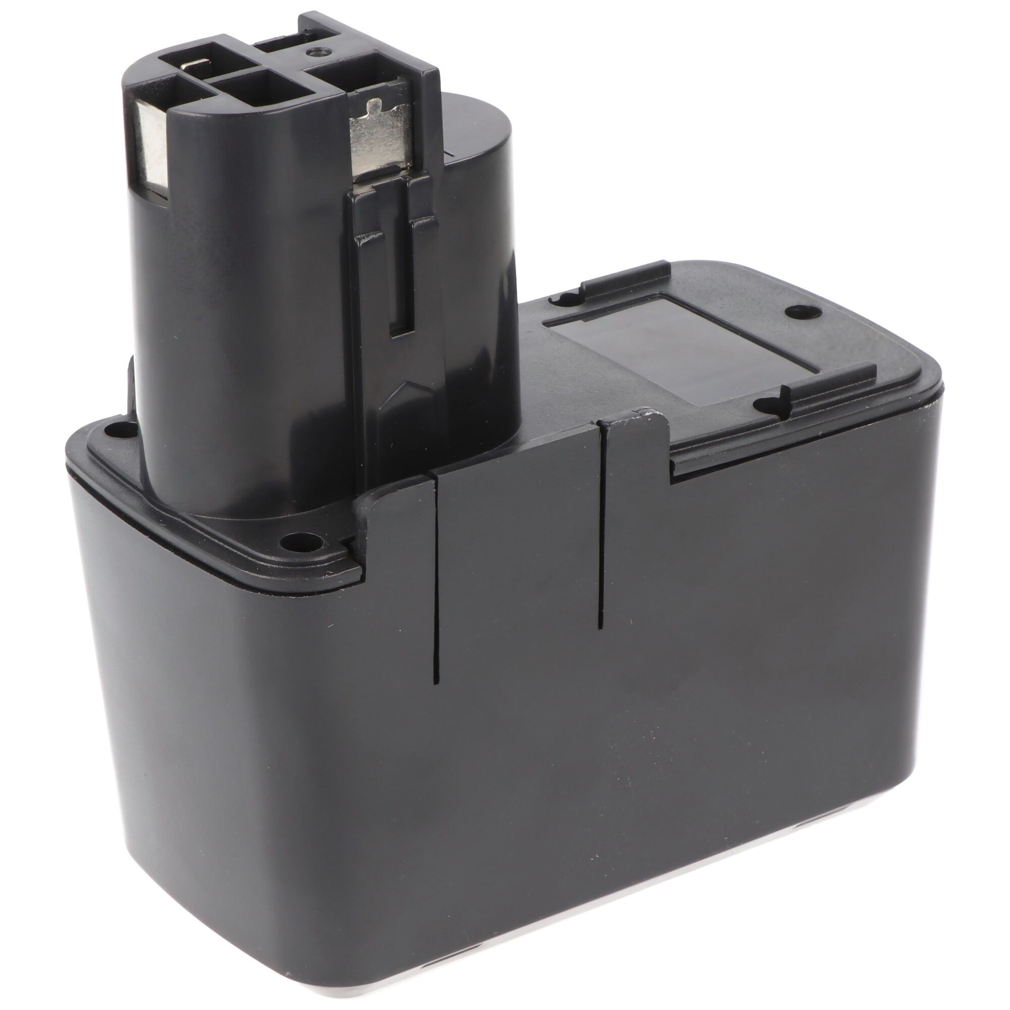 Ein schwarzer Akku für Elektrowerkzeuge. Es hat eine rechteckige Form mit einem Anschluss oben.