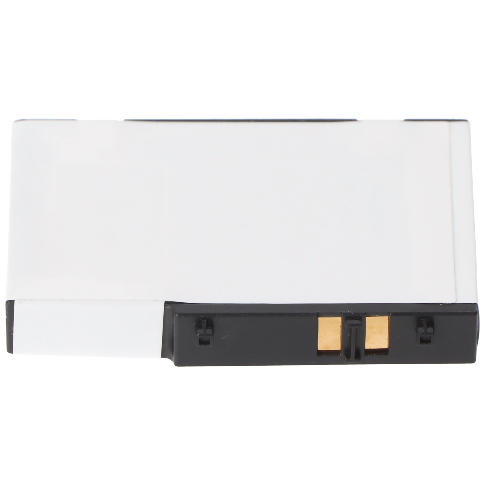Eine weiße und schwarze Batterie mit zwei goldenen Kontakten.