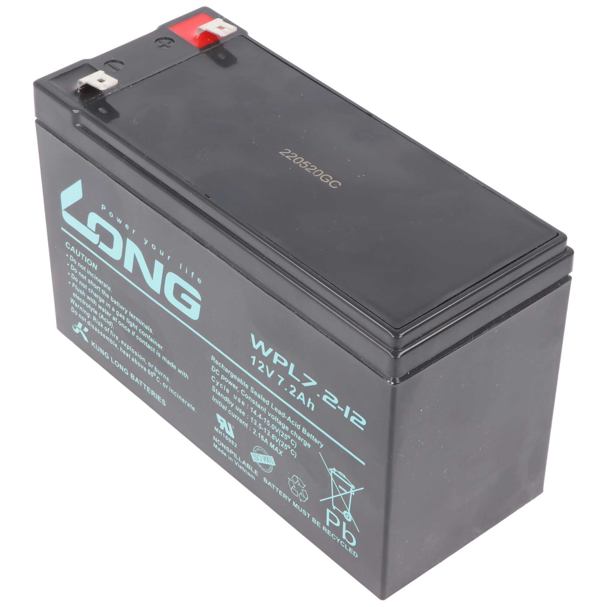 Schwarze rechteckige Batterie mit Text und Symbolen. Oben rote Anschlüsse. Weißer Hintergrund.