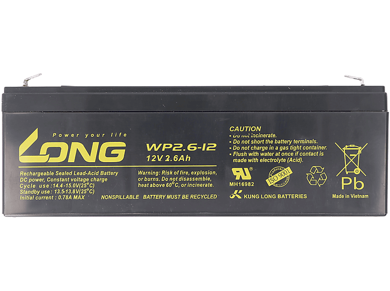 LONG Kung Long F1 Pb 2600 KUNG Faston - mit WP2.6-12 12Volt, Anschluss Blei-Vlies-Akku, 4,8mm Bleiakku, 2,6Ah mAh Blei