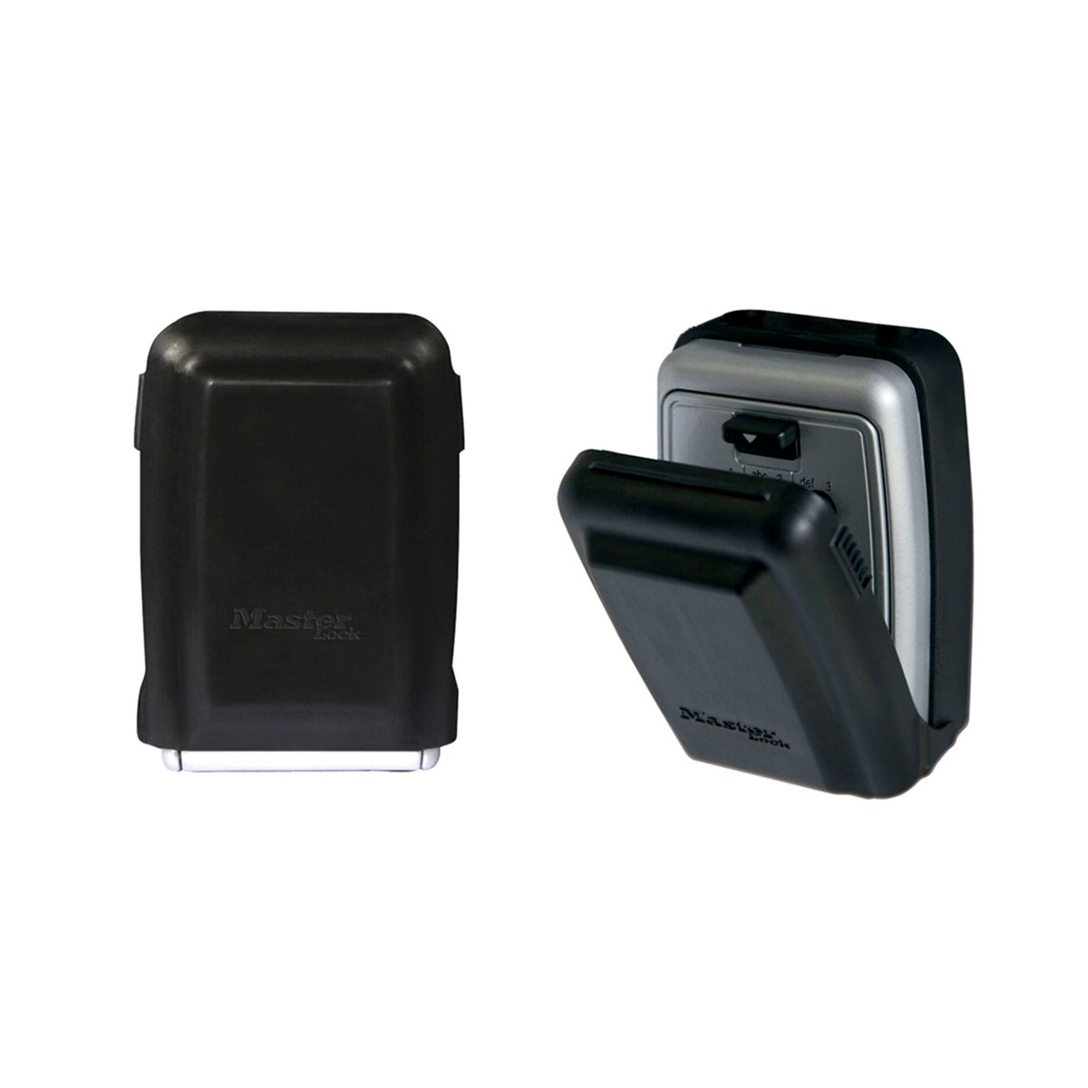 Dos cajas de almacenamiento de llaves Master Lock negras. Una cerrada, otra abierta mostrando un dial de combinación.