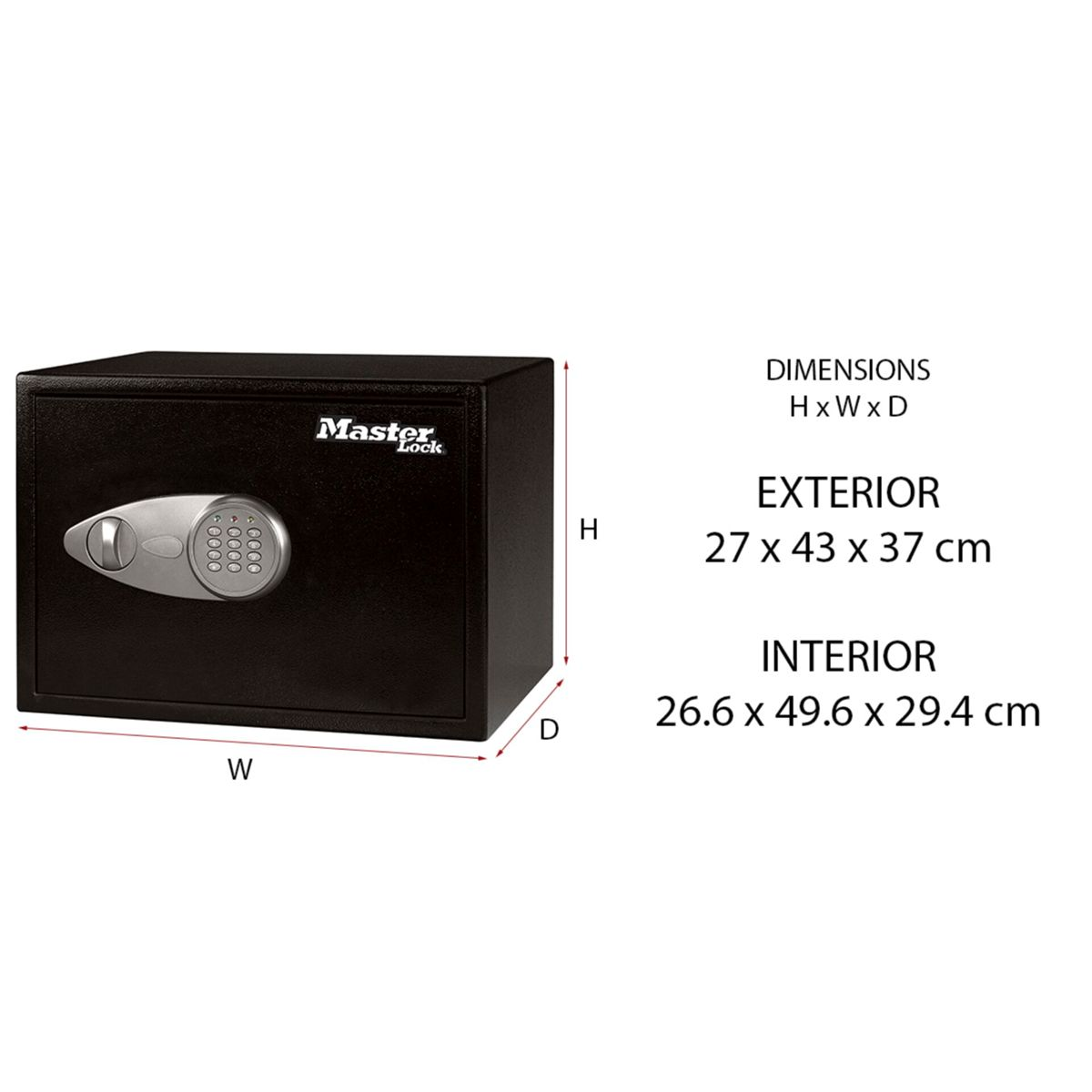Caja fuerte negra con teclado digital. Exterior: 27x43x37cm. Interior: 26.6x49.6x29.4cm. Logotipo Master Lock.