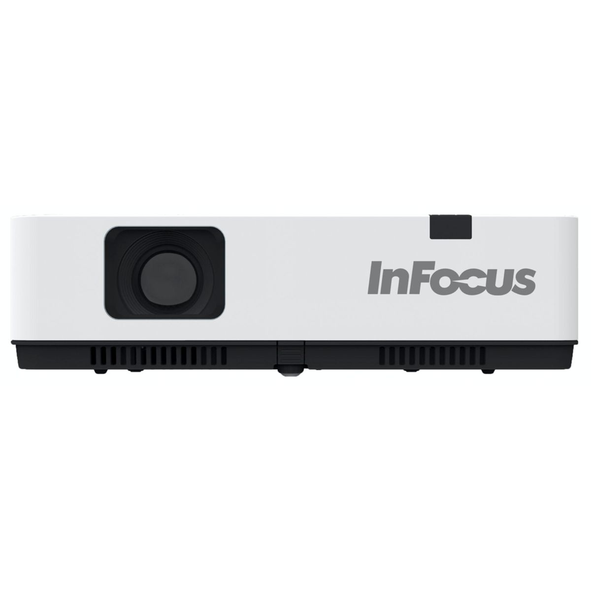 Un proyector blanco con detalles negros. Tiene el logotipo InFocus. El fondo es blanco.